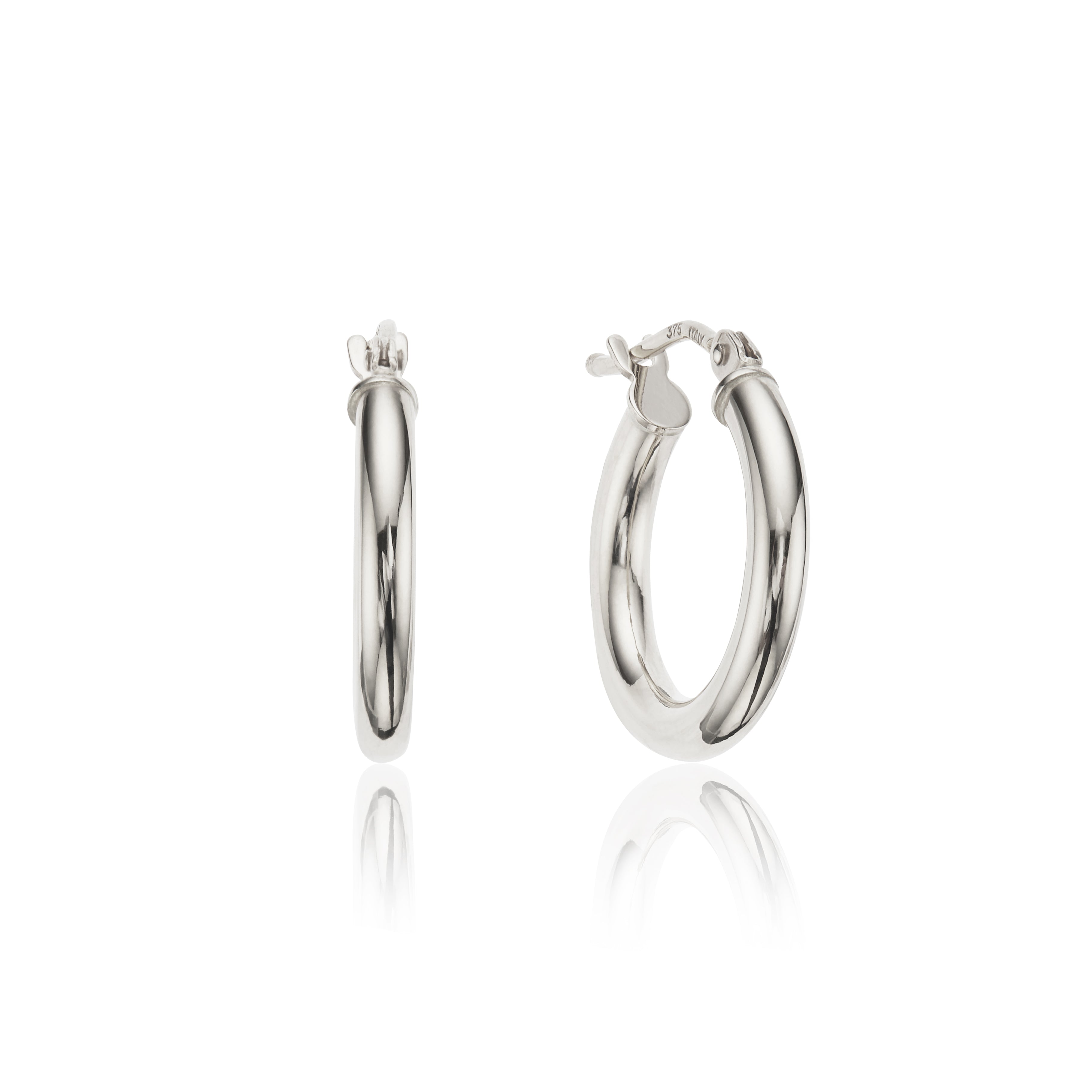 Silver small rounded hoop earrings on a white background