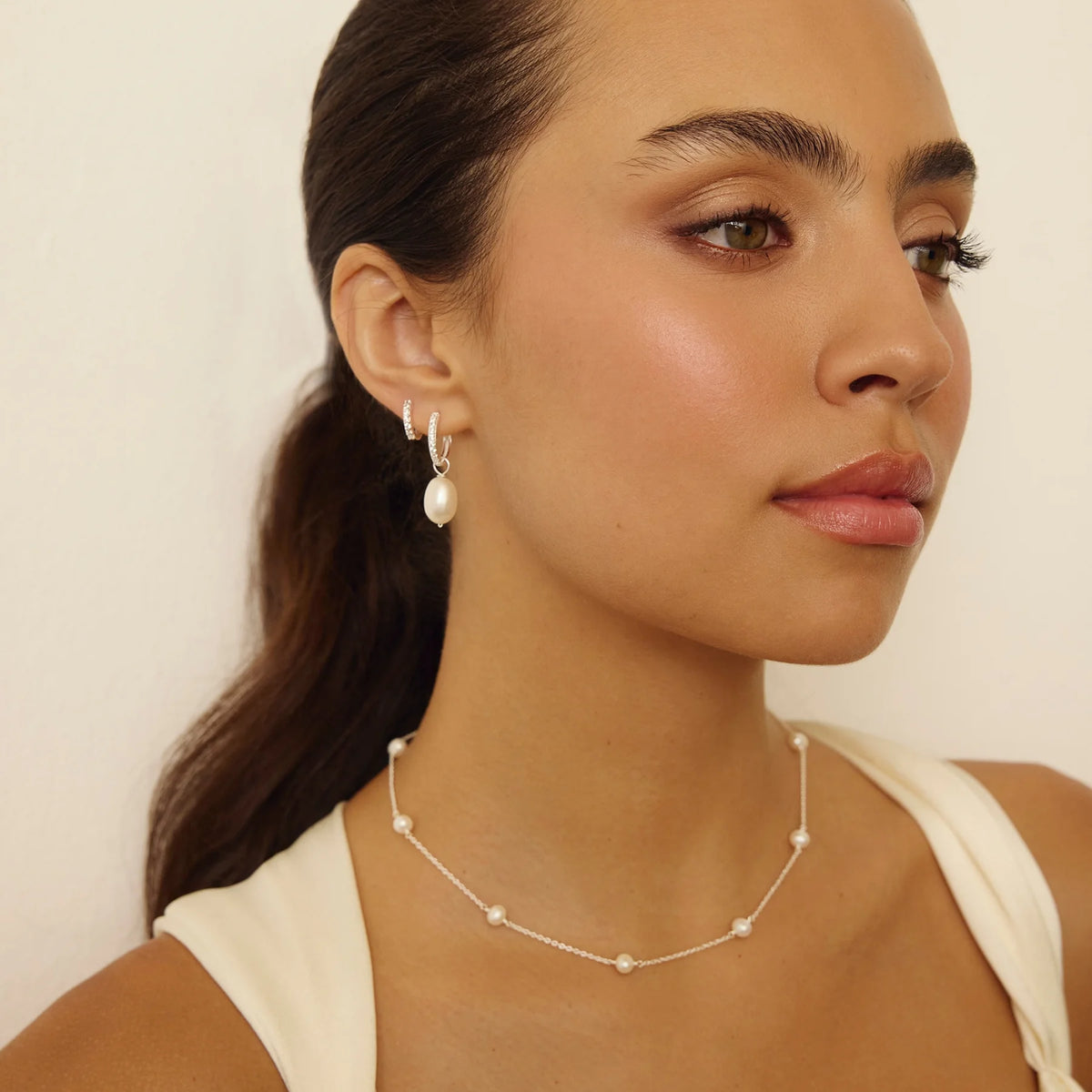 Silver Diamond Style Large Pearl Drop Hoop Earrings