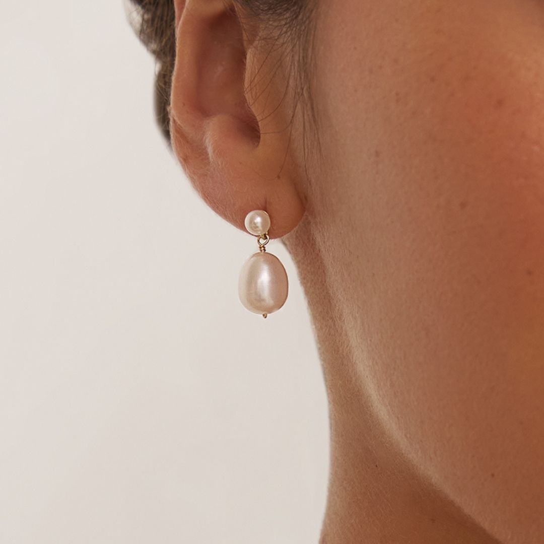 Silver Double Pearl Drop Stud Earrings