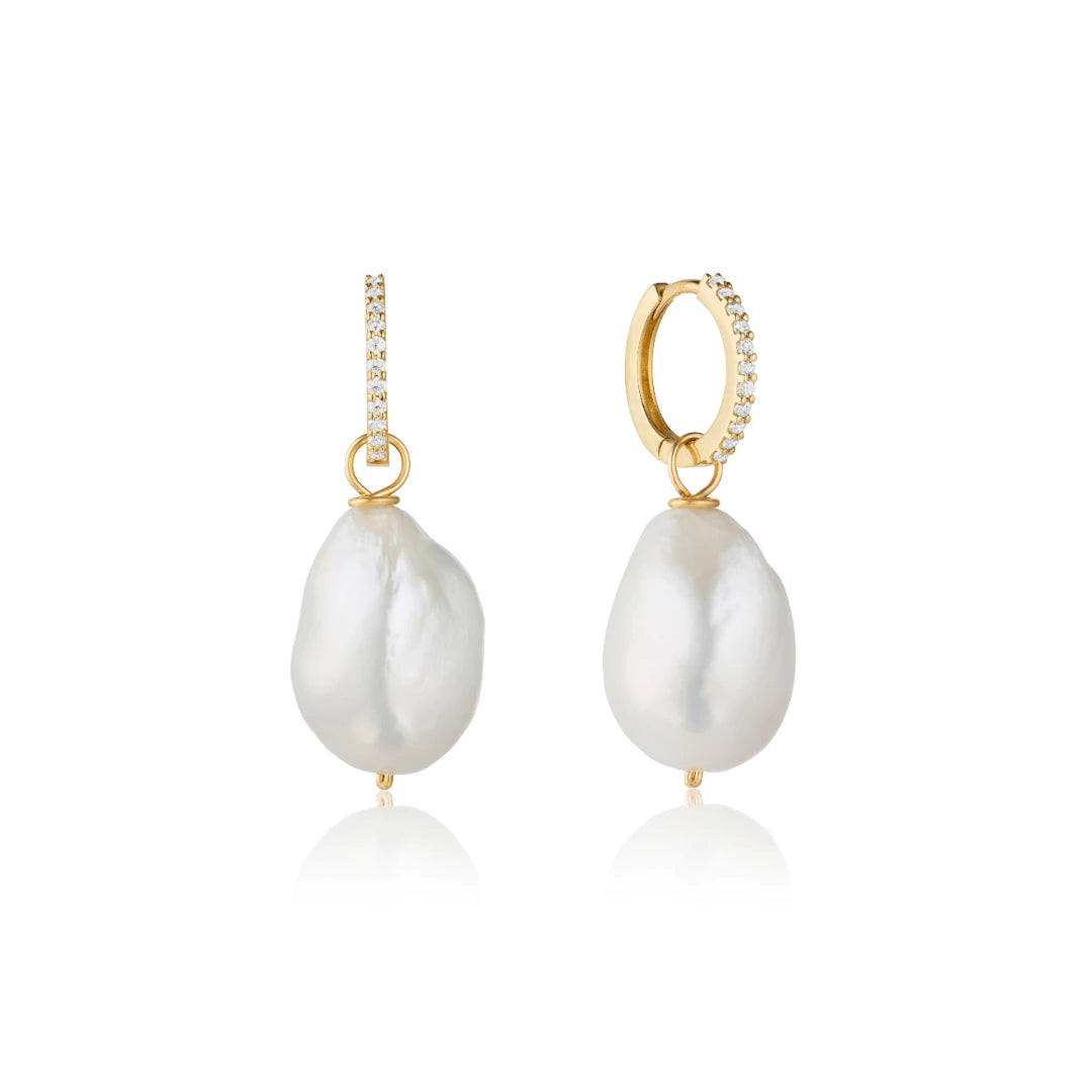 Gold Diamond Style Slim Baroque Pearl Drop Huggie Hoop Earrings