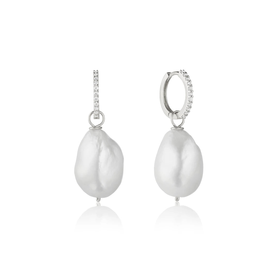 Silver Diamond Style Slim Baroque Pearl Drop Huggie Hoop Earrings