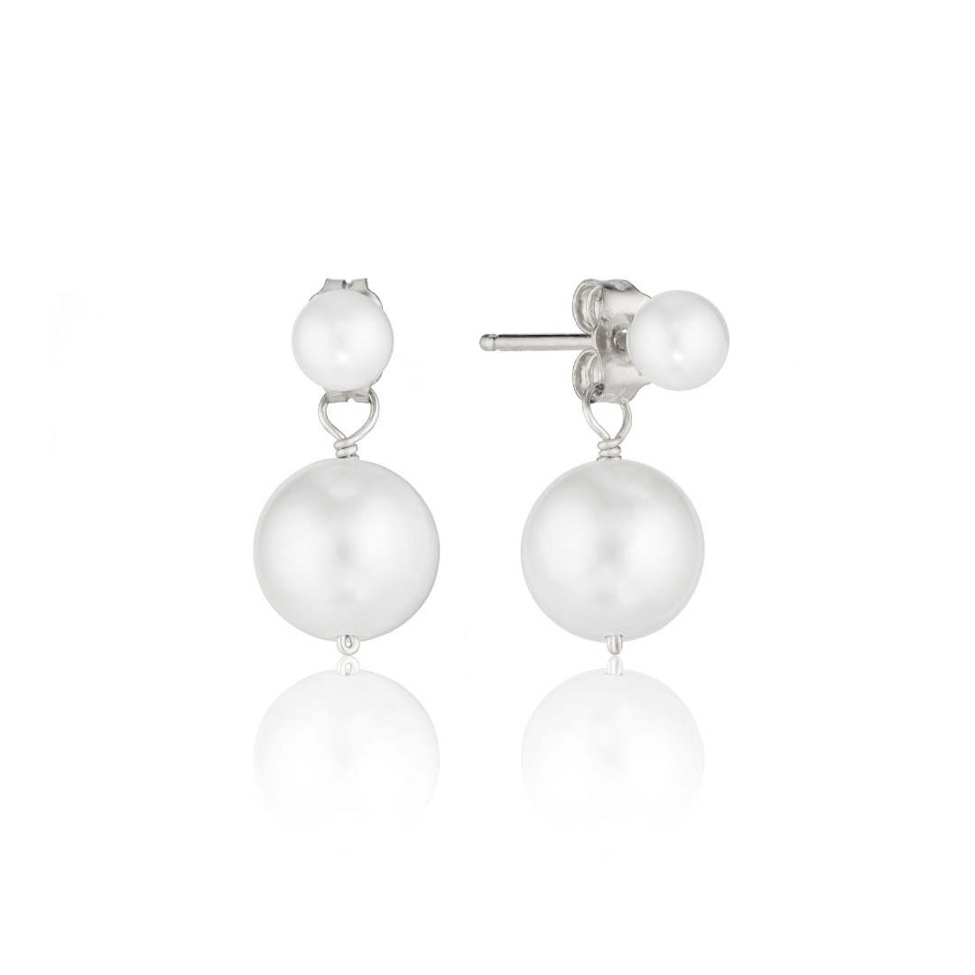Silver Medium Double-Sided Pearl Drop Stud Earrings