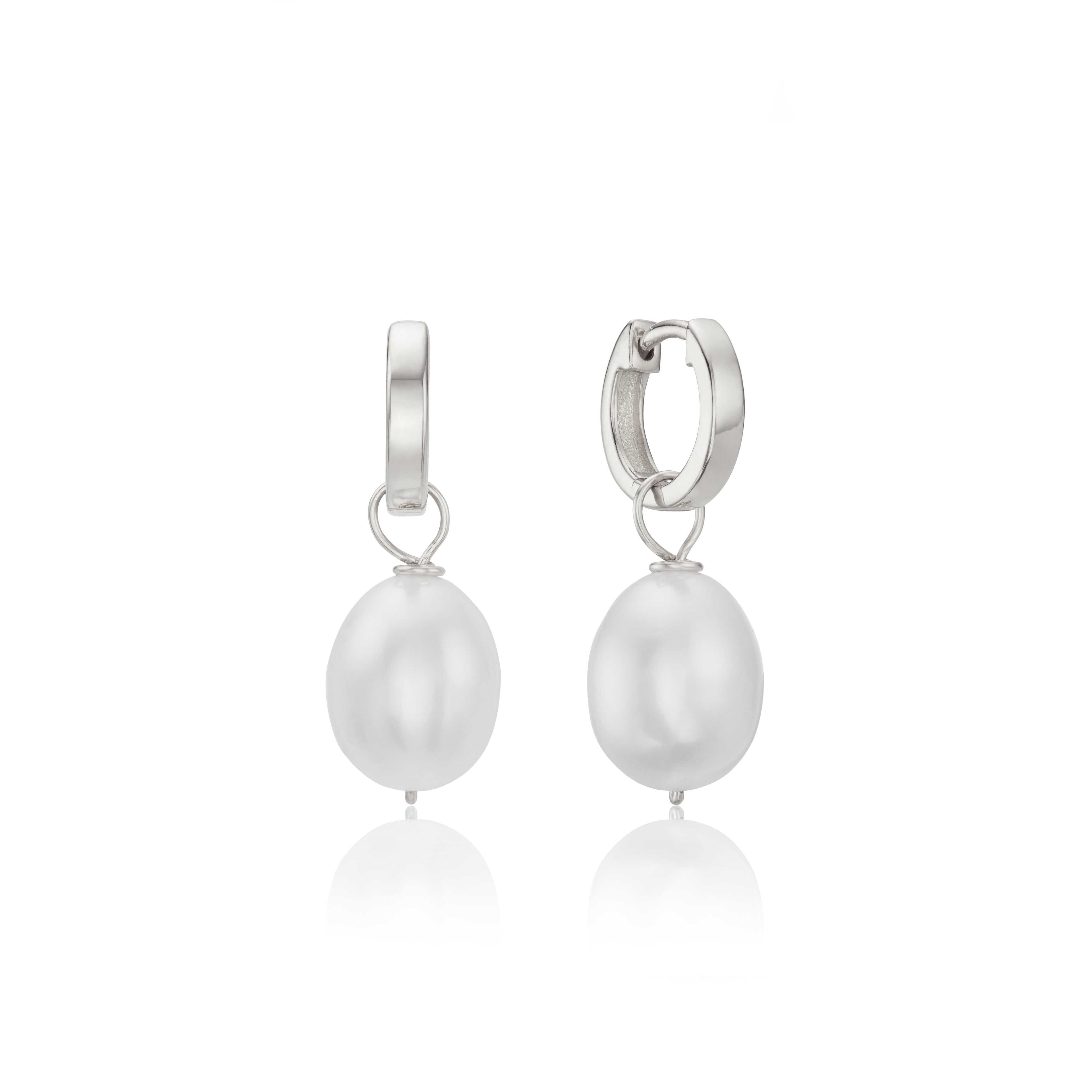 Silver Plain Huggie Pearl Drop Hoop Earrings