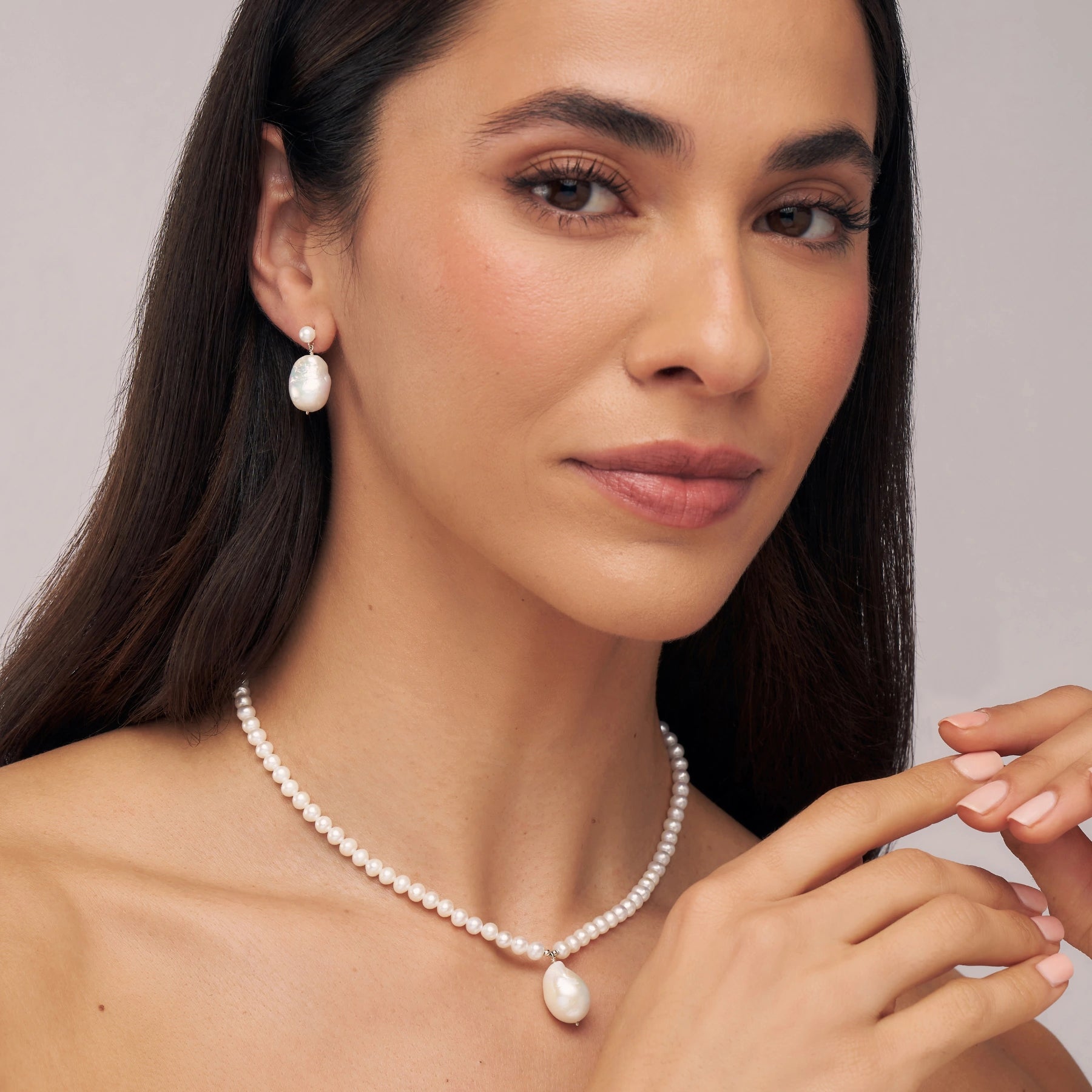 Silver Large Double Baroque Pearl  Drop Stud Earrings