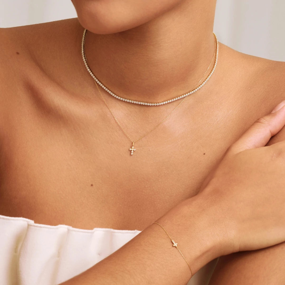 Solid Gold Genuine Diamond Tiny Cross Bracelet