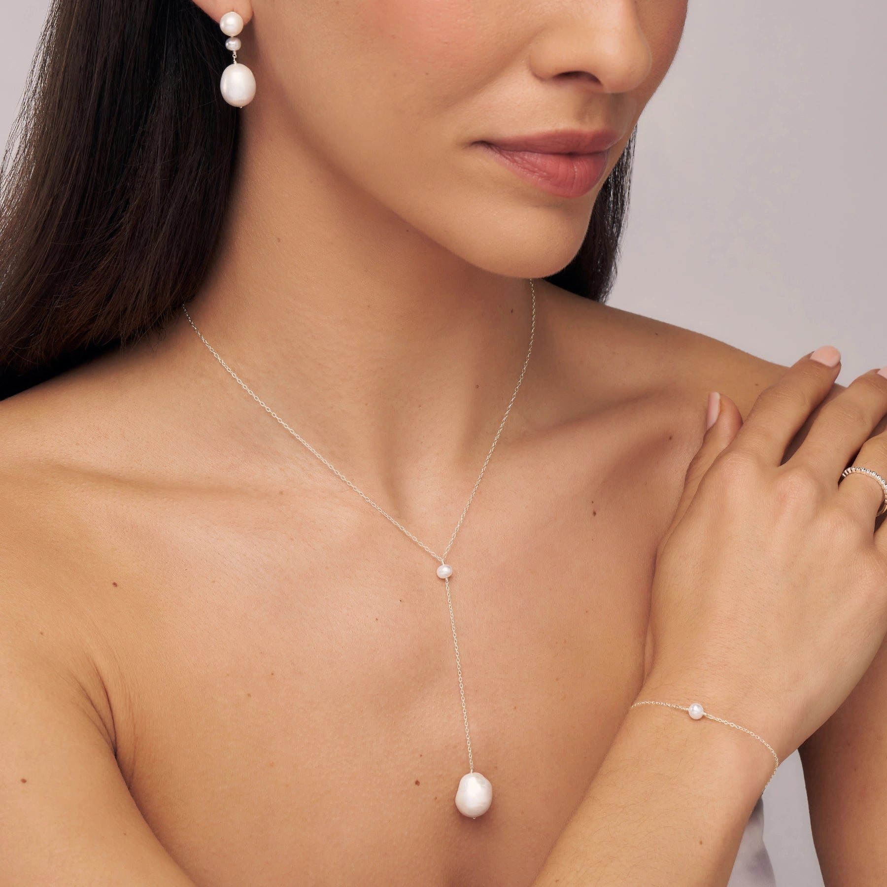 Solid White Gold Large Baroque Pearl Lariat Necklace