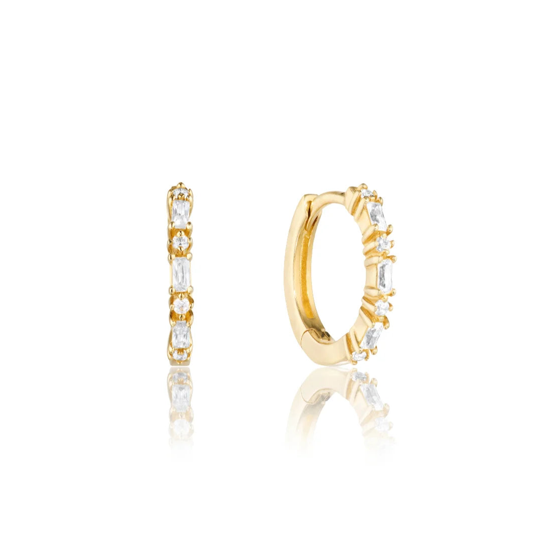 Gold Three Diamond Style Huggie Hoop Earrings