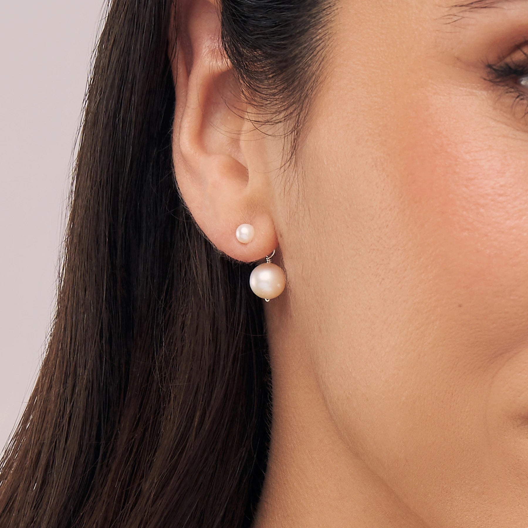 Silver Medium Double-Sided Pearl Drop Stud Earrings