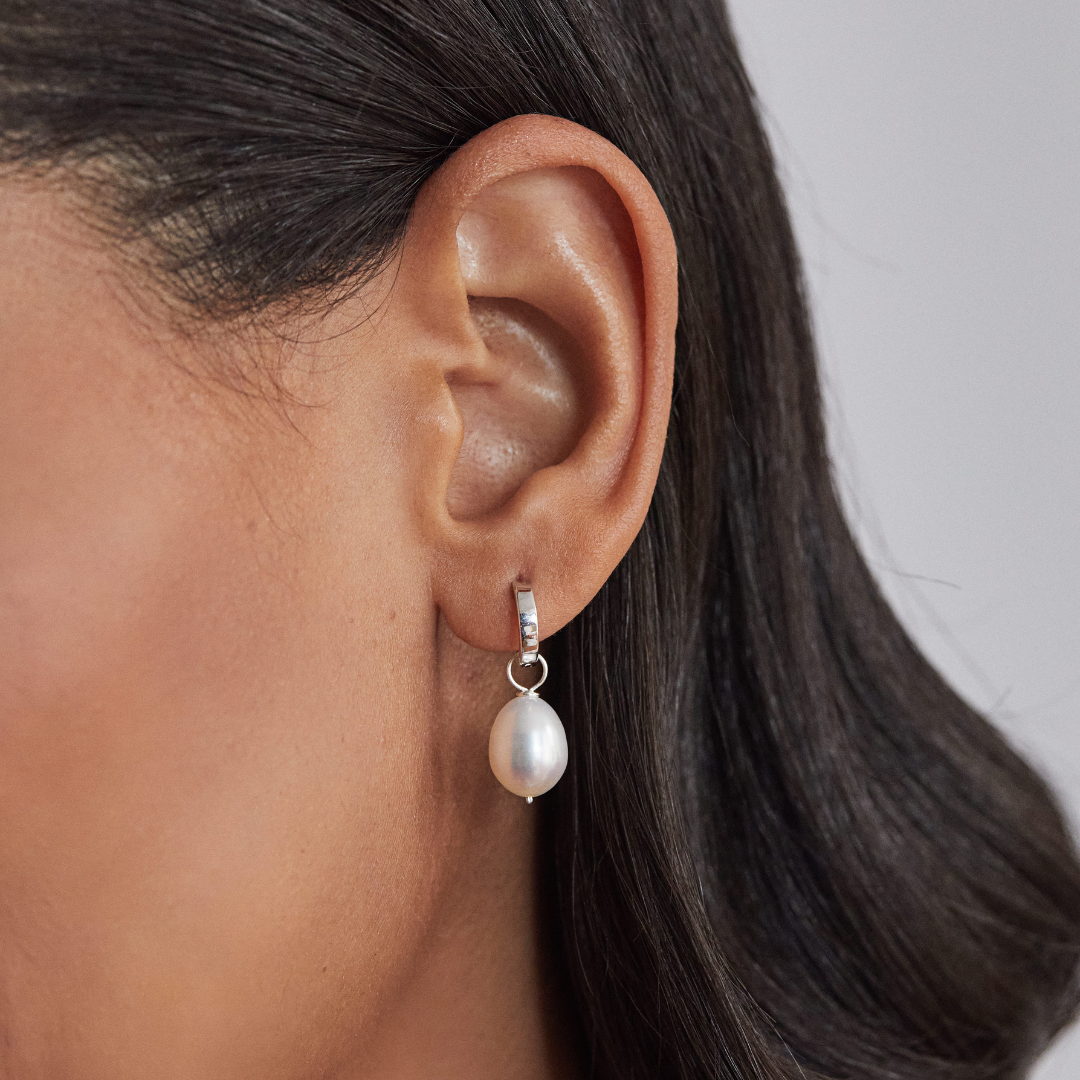 Silver Plain Huggie Pearl Drop Hoop Earrings