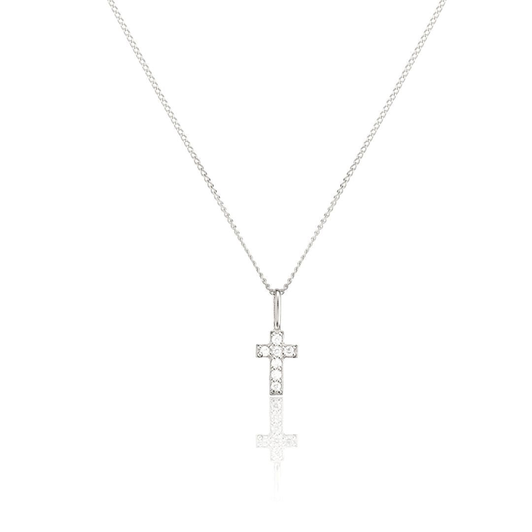 Solid White Gold Genuine Diamond Tiny Cross Necklace