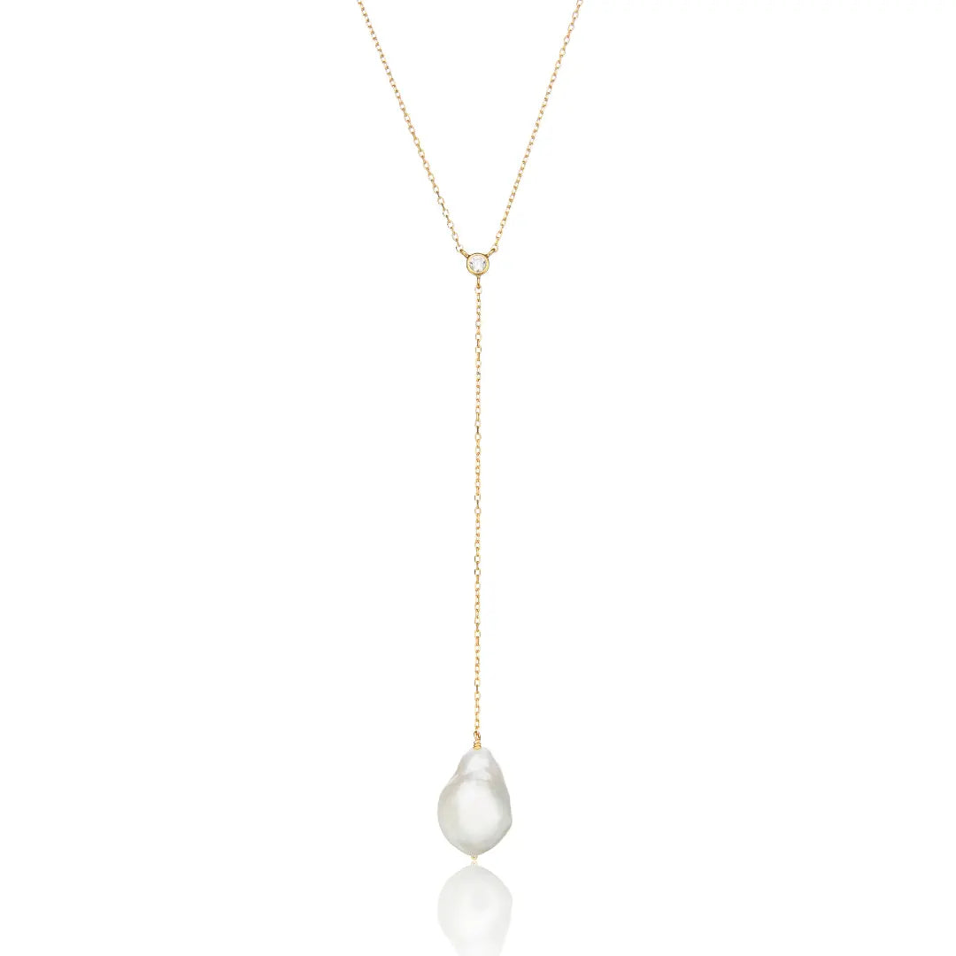 Gold Single Diamond Style Baroque Pearl Lariat Necklace