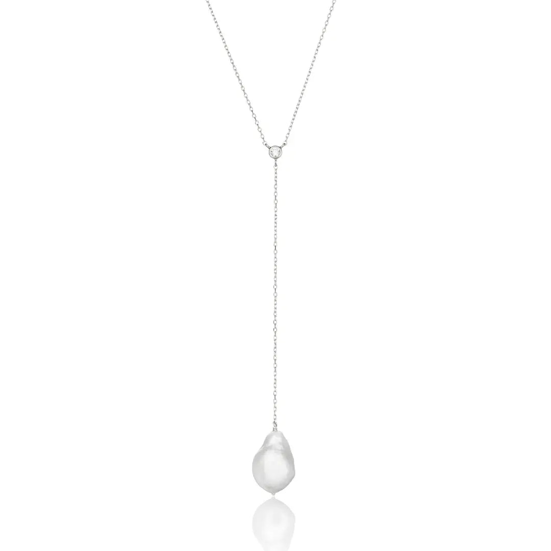 Silver Single Diamond Style Baroque Pearl Lariat Necklace