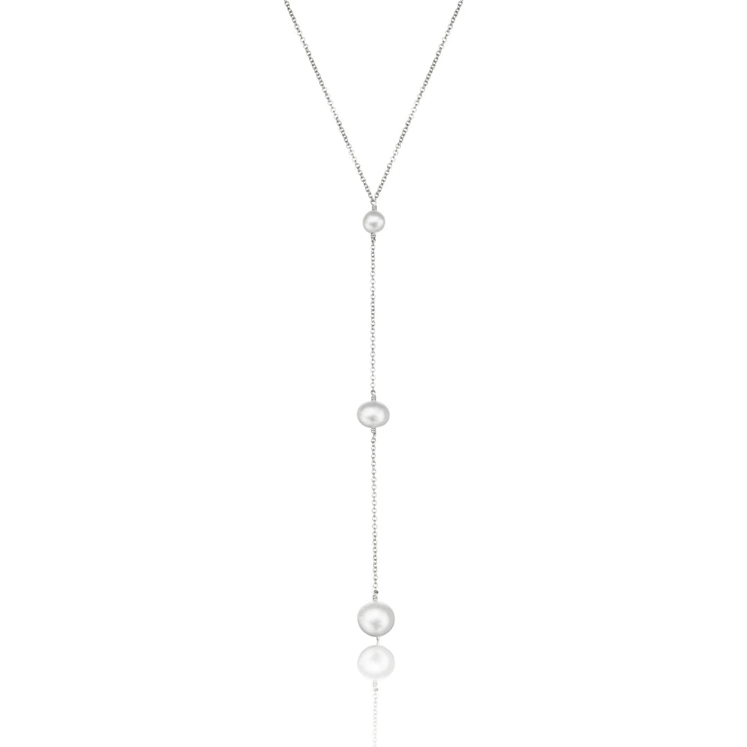 Silver Three Graduated Pearl Drop Lariat Necklace