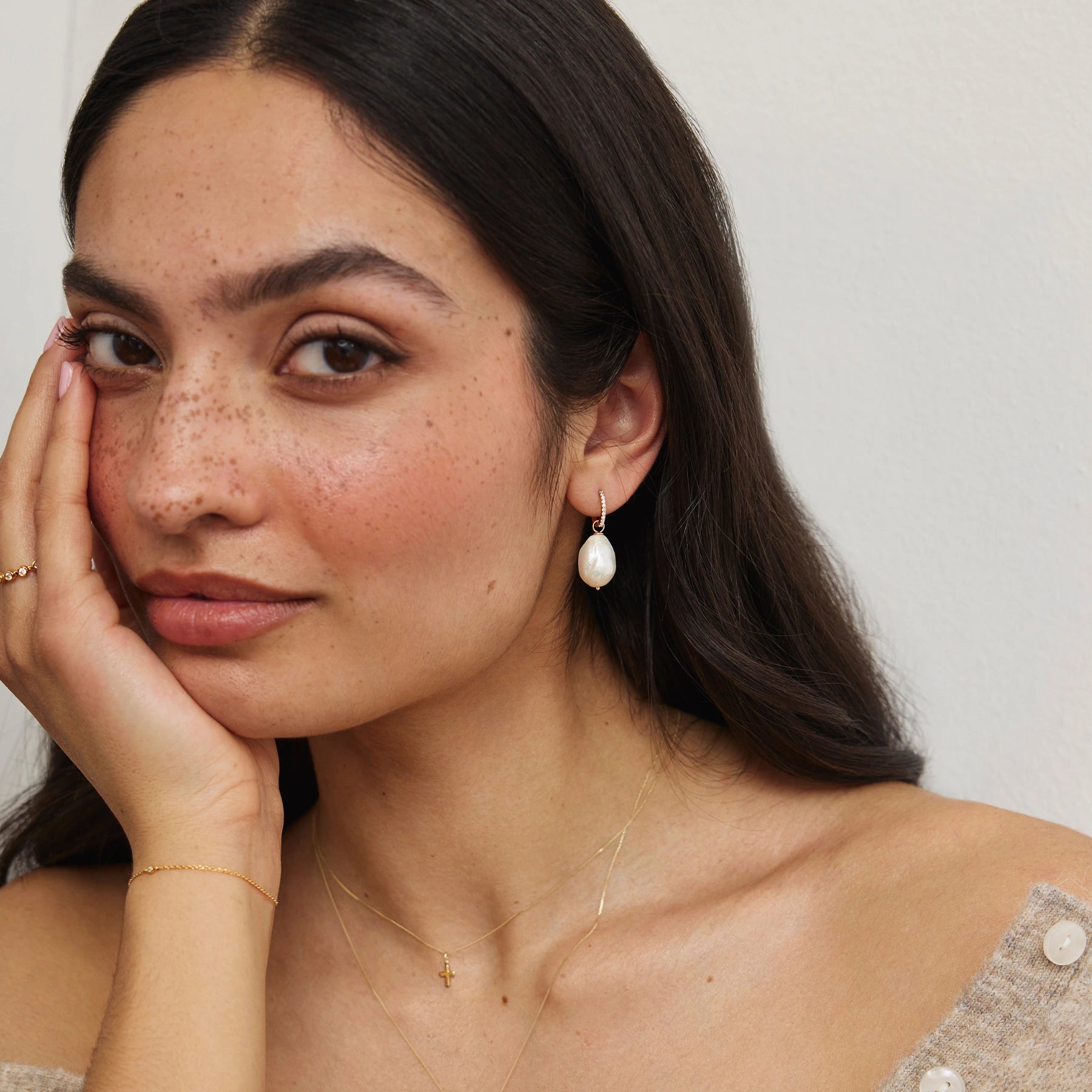 Gold Diamond Style Slim Baroque Pearl Drop Huggie Hoop Earrings