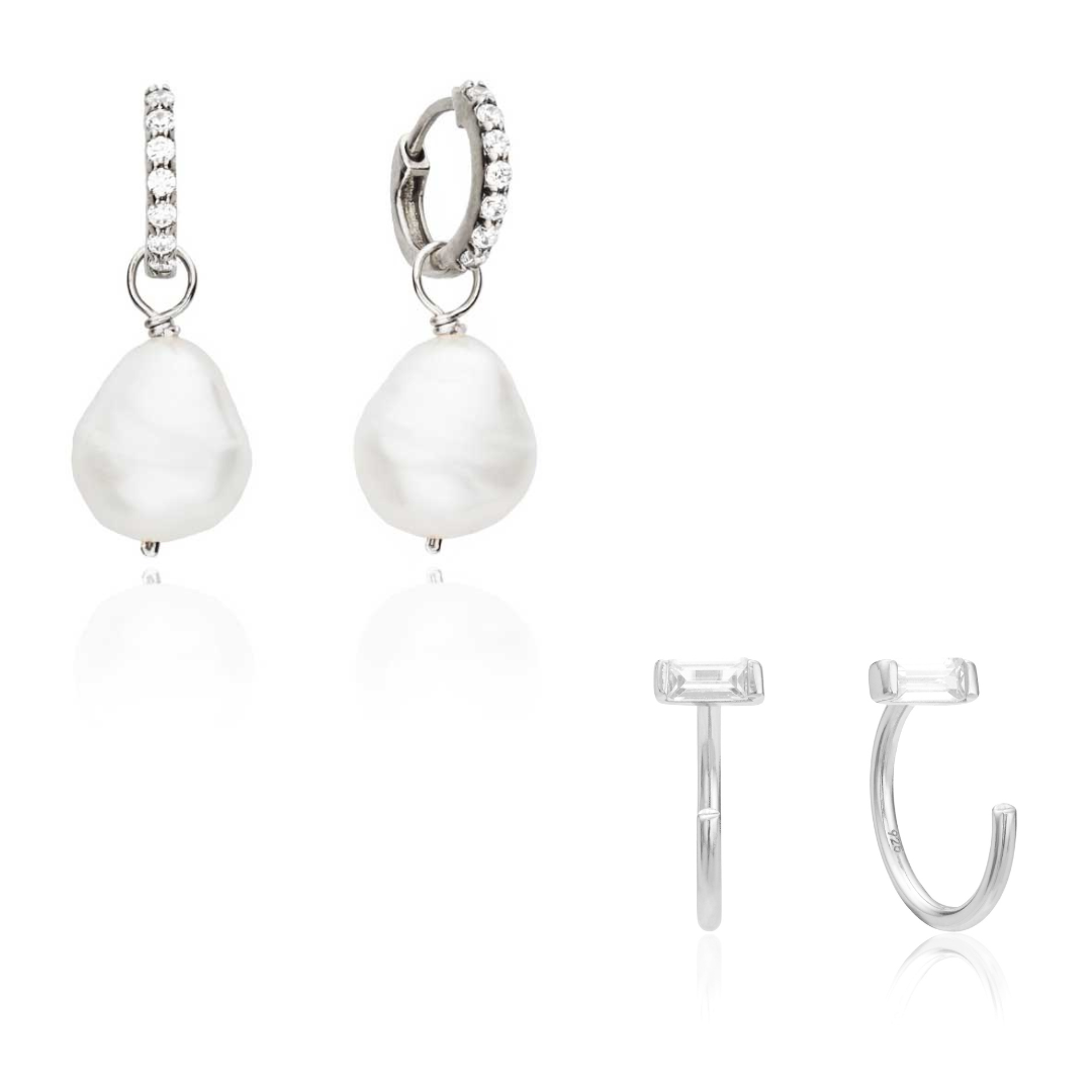 Silver Pearl Drop Huggies and Diamond Style Lobe Earrings Set