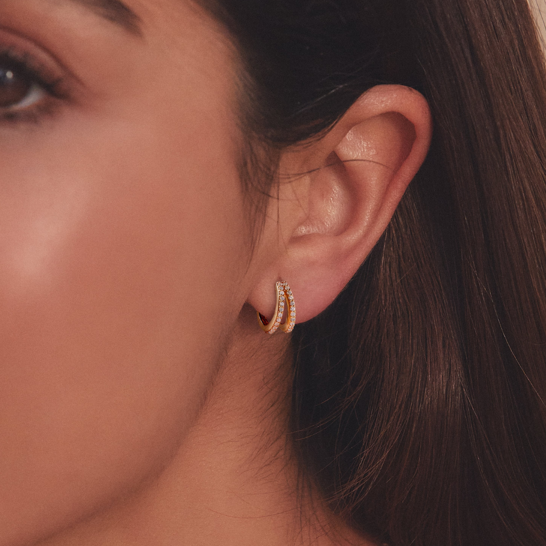 Gold Double Diamond Style Huggie Hoop Earrings