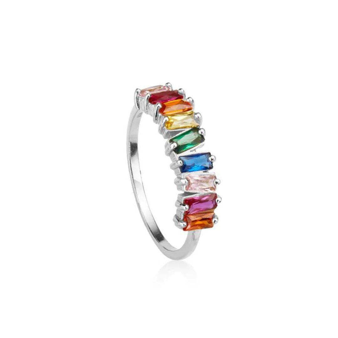 Silver Rainbow Gemstone Cluster Ring