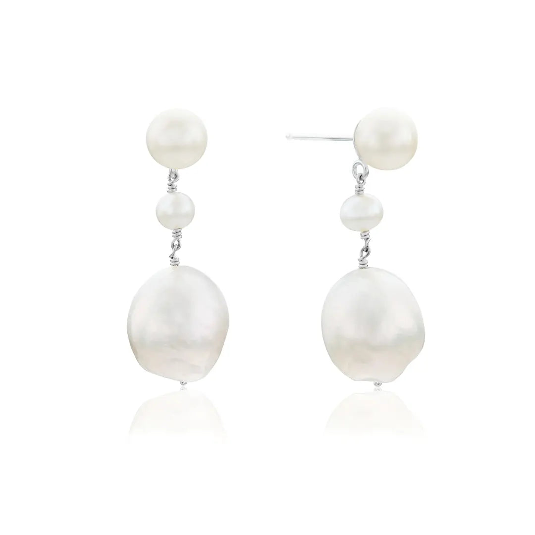 Silver Large Baroque Pearl Drop Stud Earrings