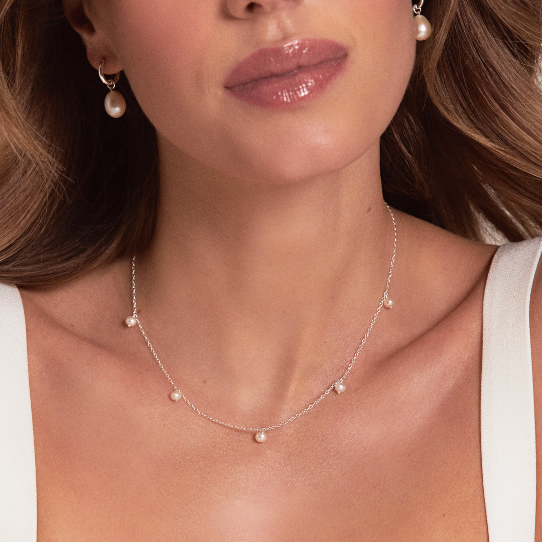 Solid White Gold Five Pearl Drop Choker