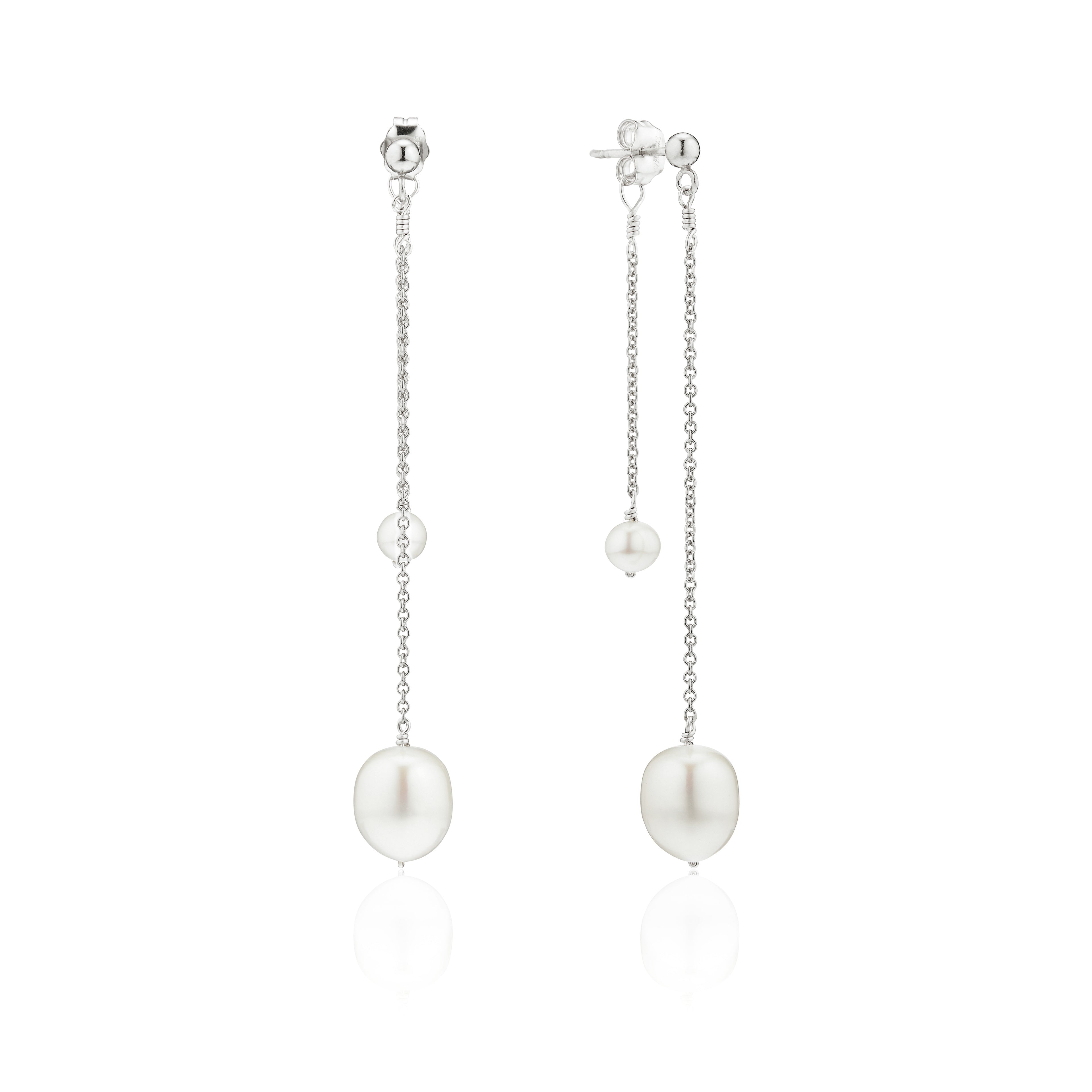 Solid White Gold Layered Large and Small Pearl Earrings