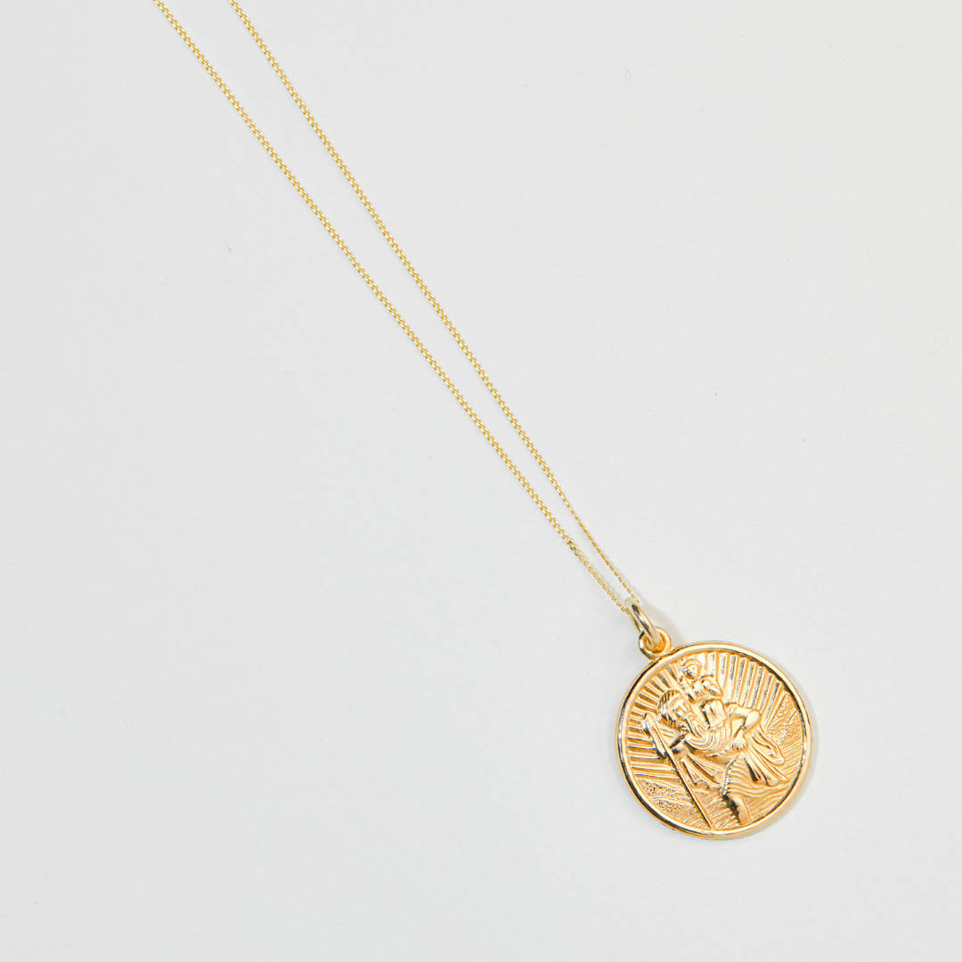 Solid Gold Medium Round St Christopher Necklace