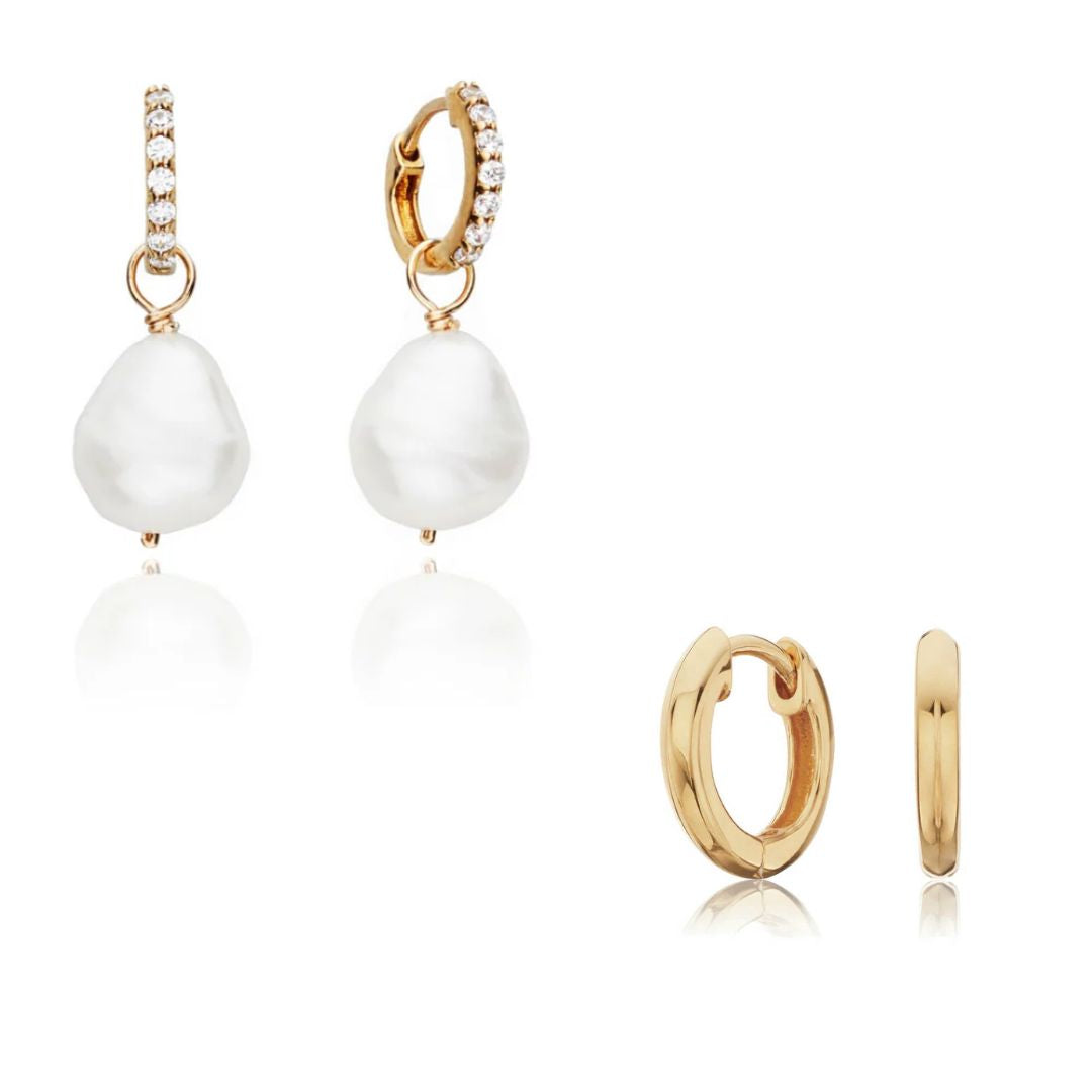 Gold Pearl Drop Huggies and Plain Huggies Earrings Gift Set