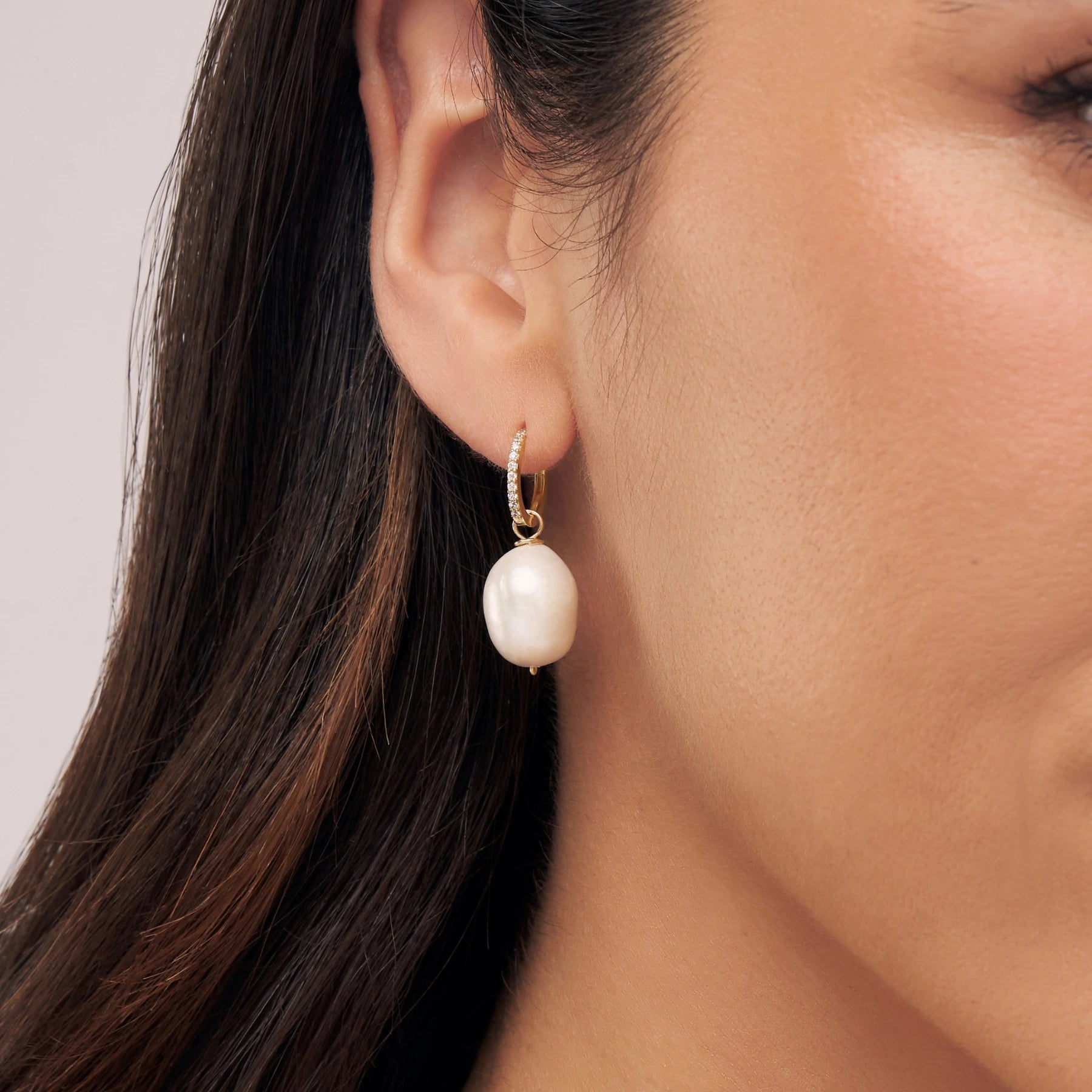 Gold Diamond Style Slim Baroque Pearl Drop Huggie Hoop Earrings