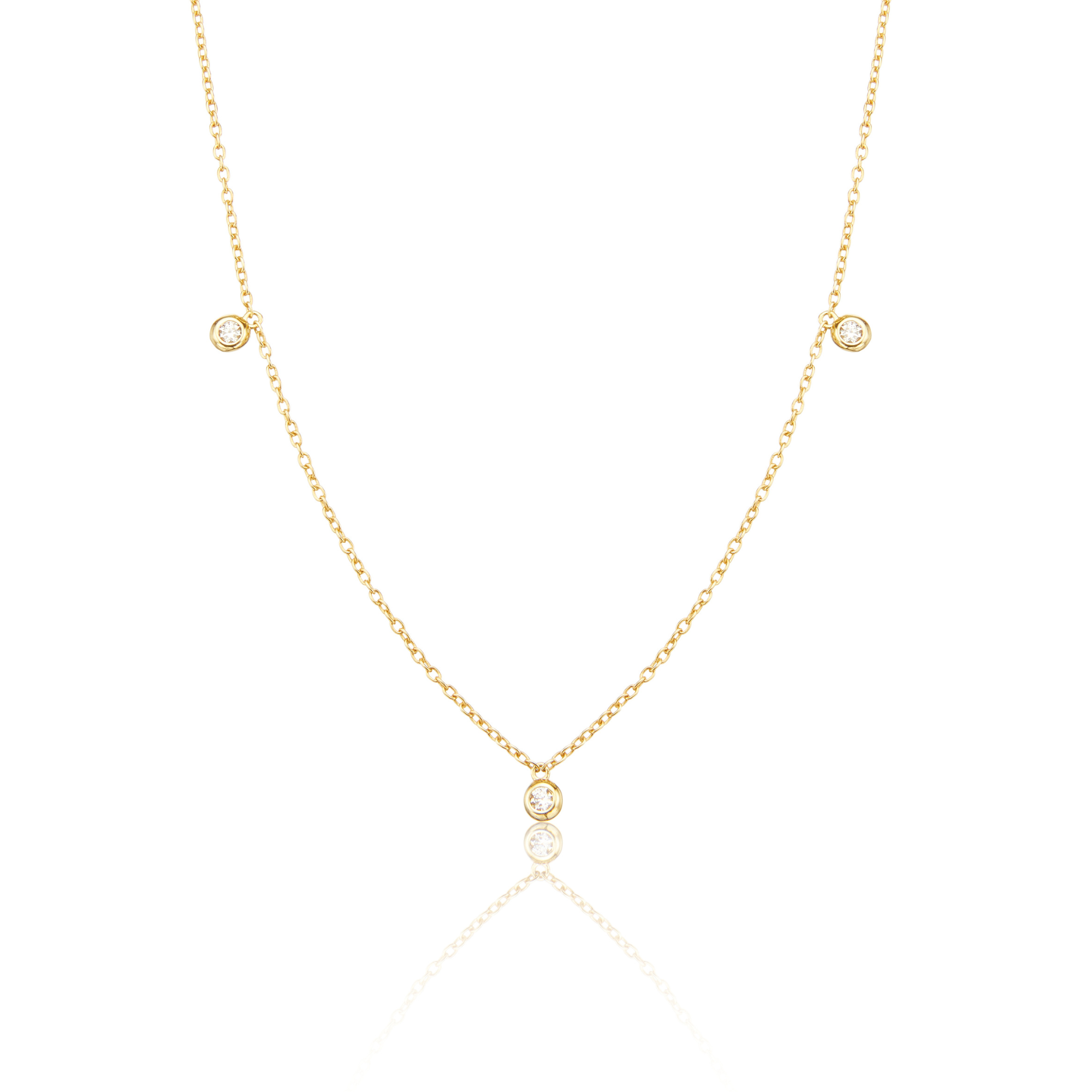 Solid gold diamond drop necklace on a white background