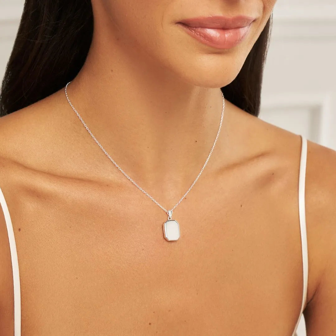 Silver Square Locket Necklcae on model 