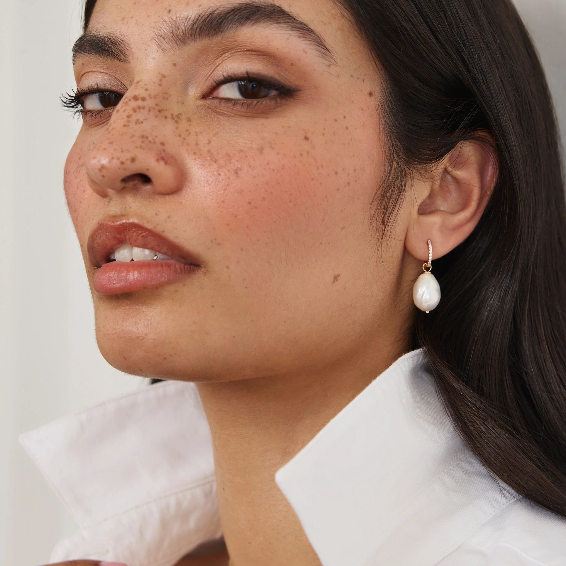 Gold Diamond Style Slim Baroque Pearl Drop Huggie Hoop Earrings