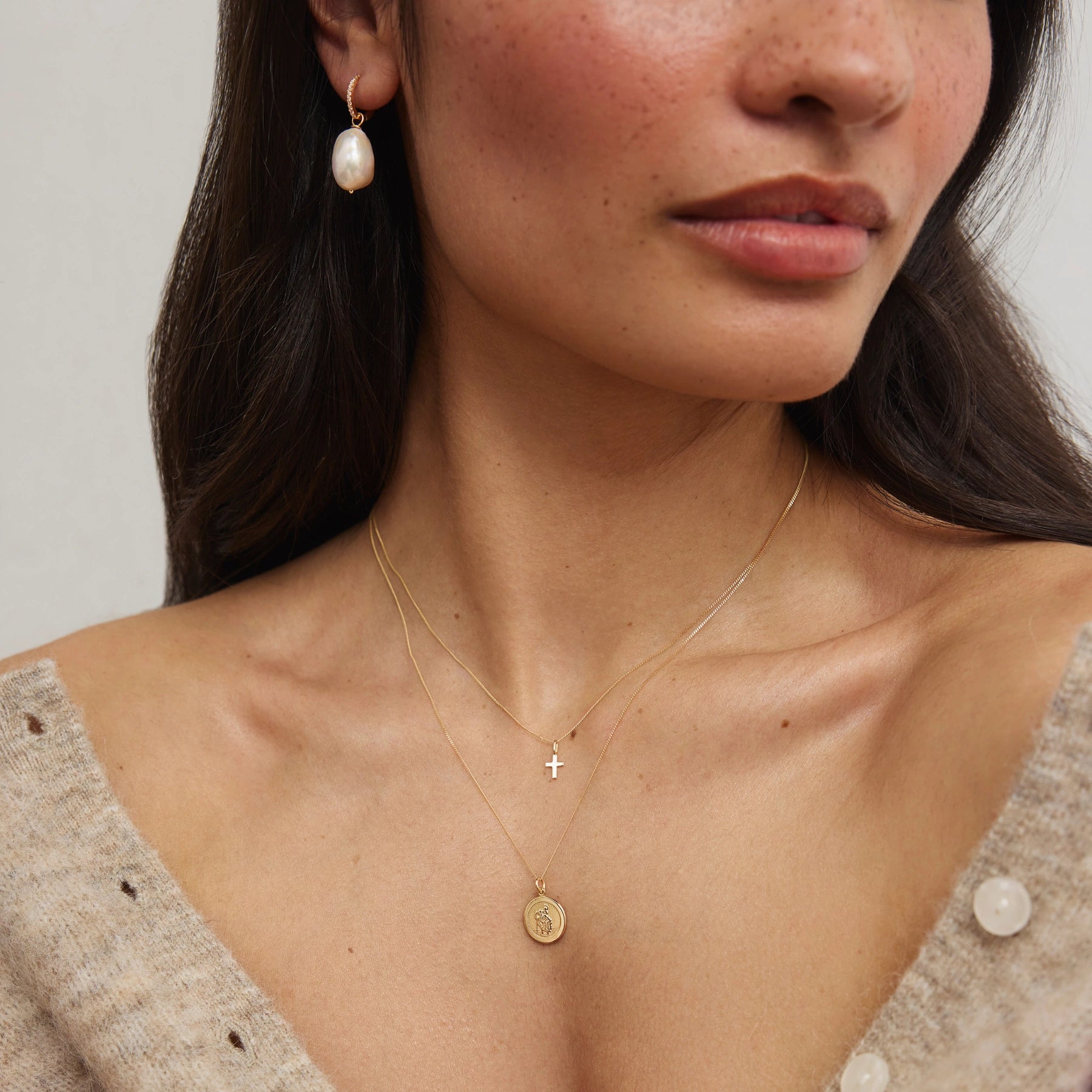 Solid Gold Small Round St Christopher Medallion Necklace