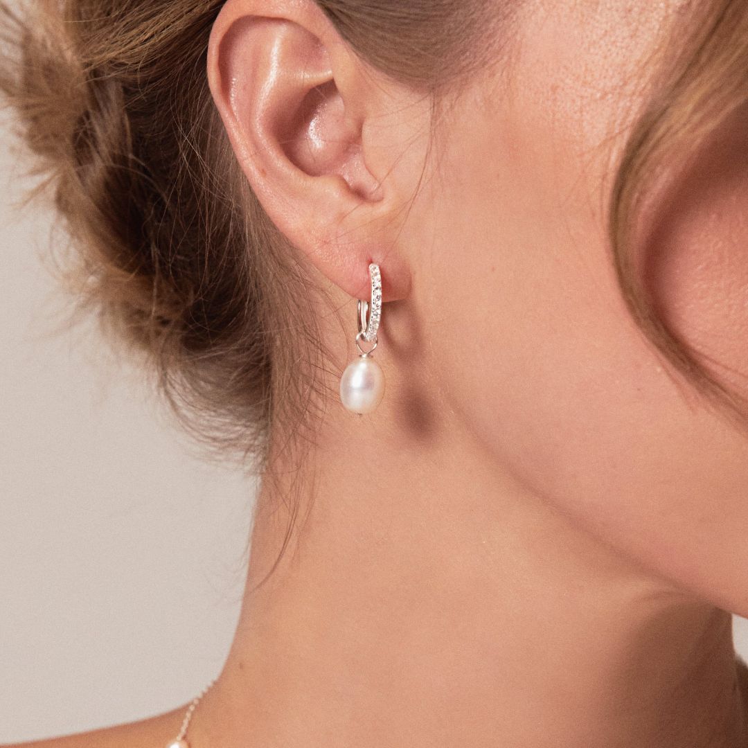 Silver Diamond Style Large Pearl Drop Hoop Earrings
