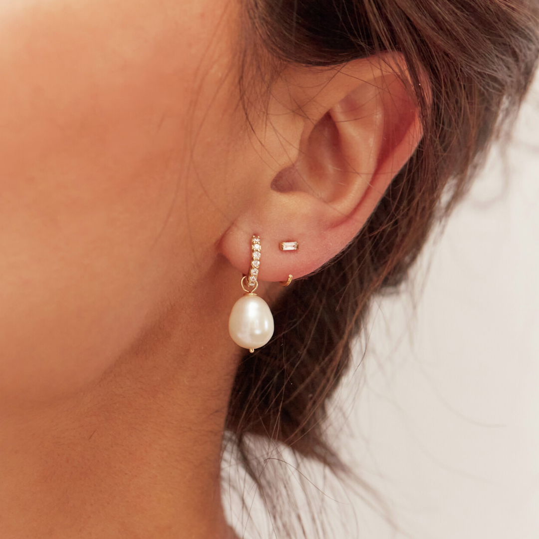 Gold Pearl Drop Huggies and Diamond Style Lobe Earrings Set