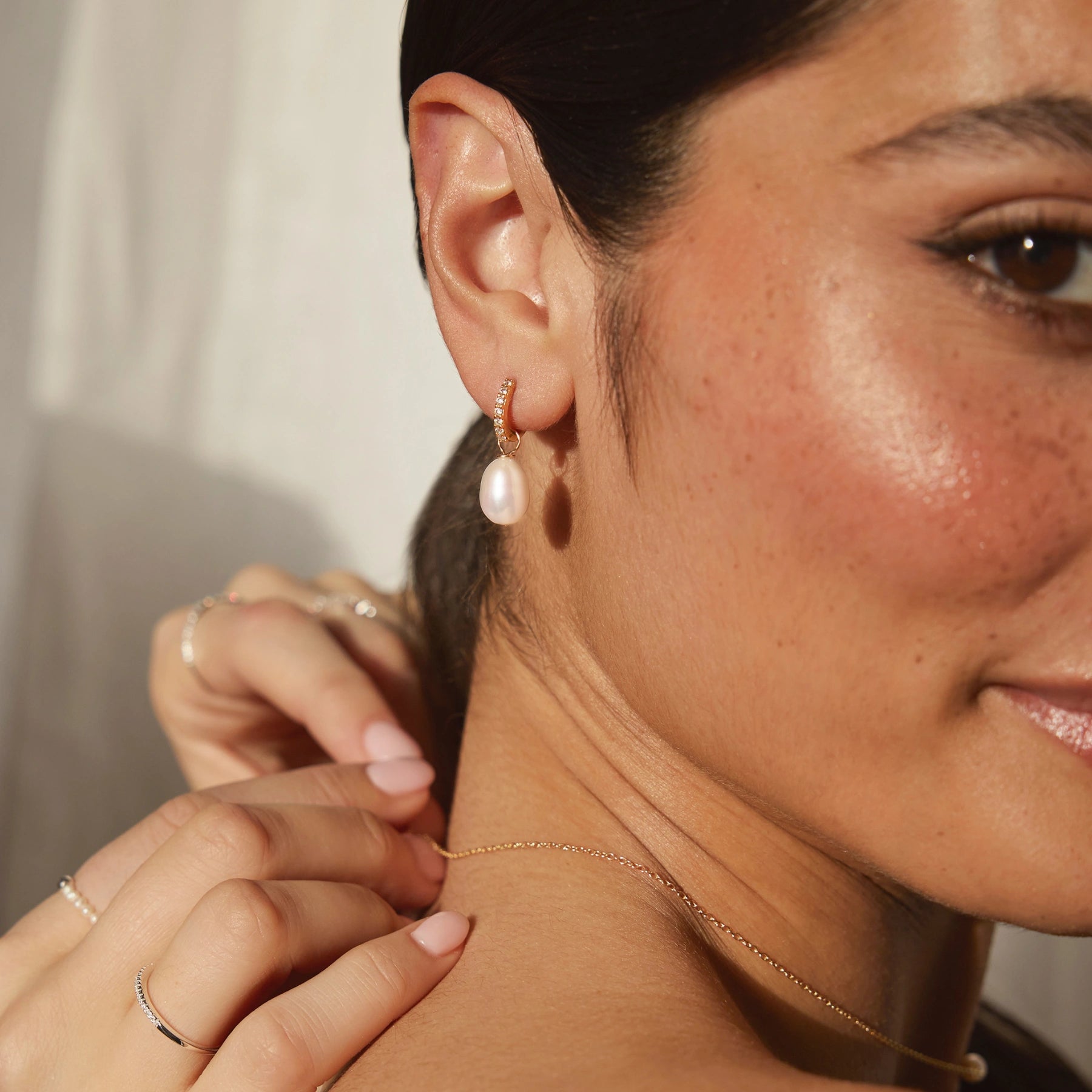 Rose Gold Huggie Pearl Drop Earrings