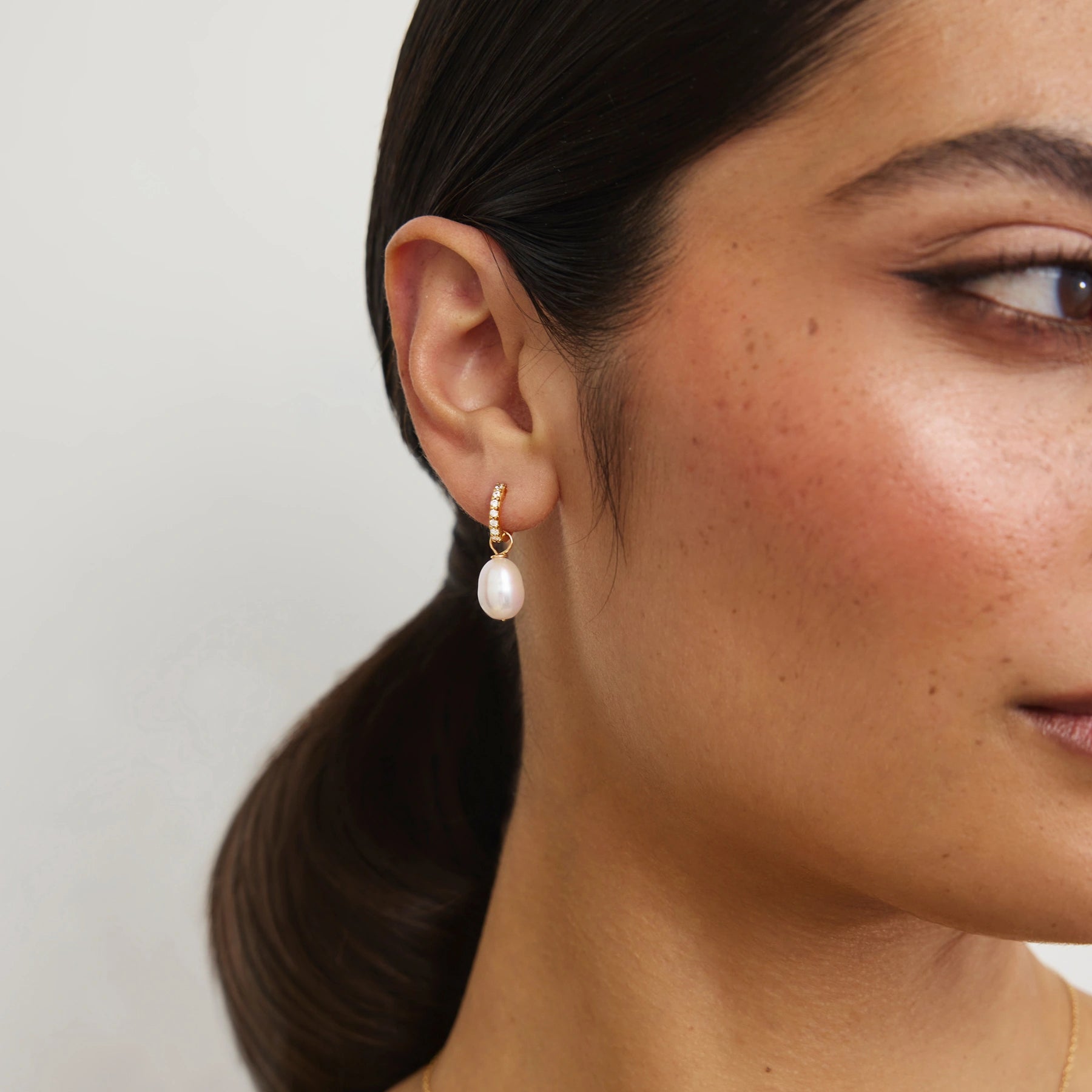 Rose Gold Huggie Pearl Drop Earrings