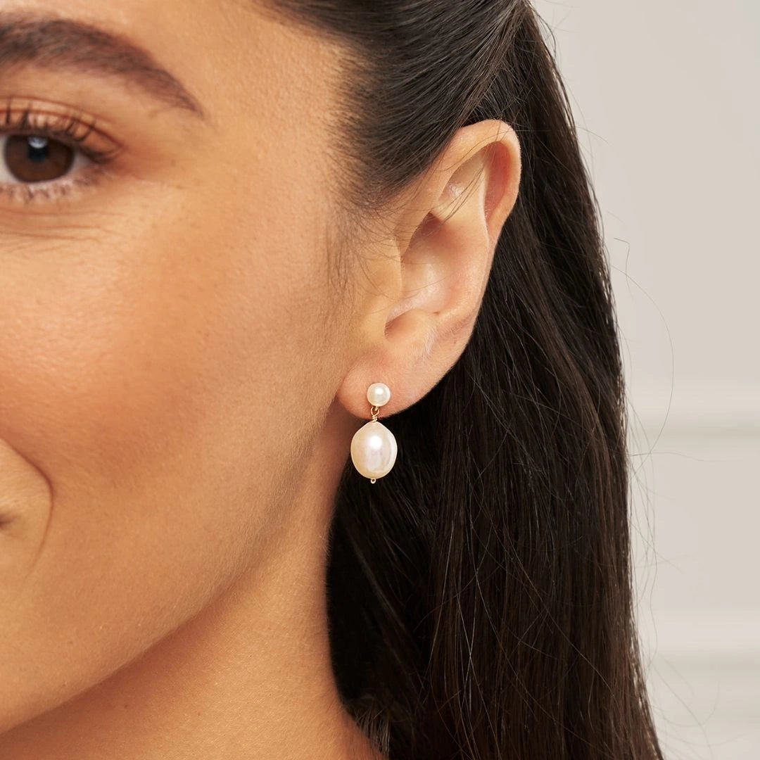 Gold Double Pearl Drop Stud Earrings