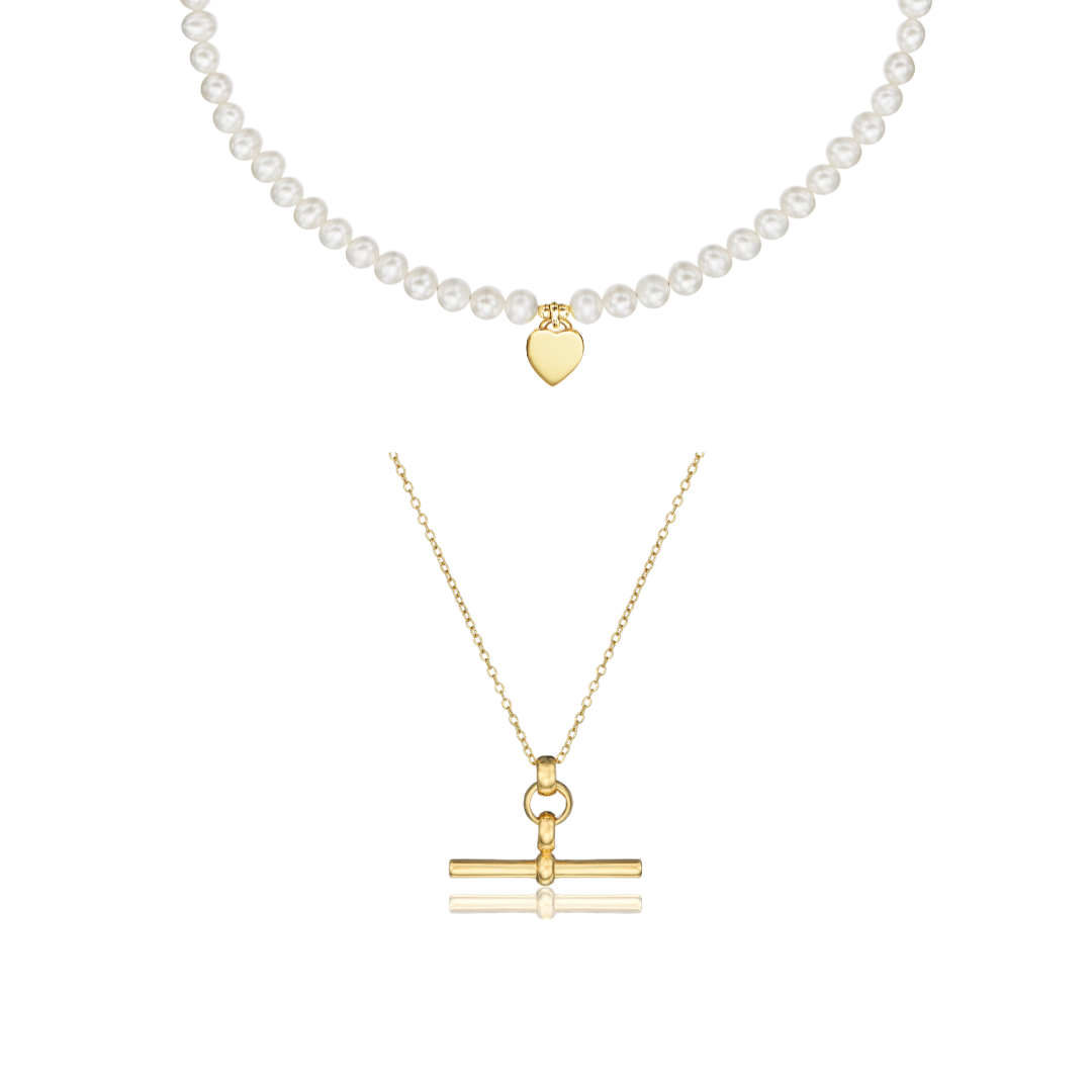 Gold T-Bar and Large Pearl Personalised Heart Necklace Gift Set