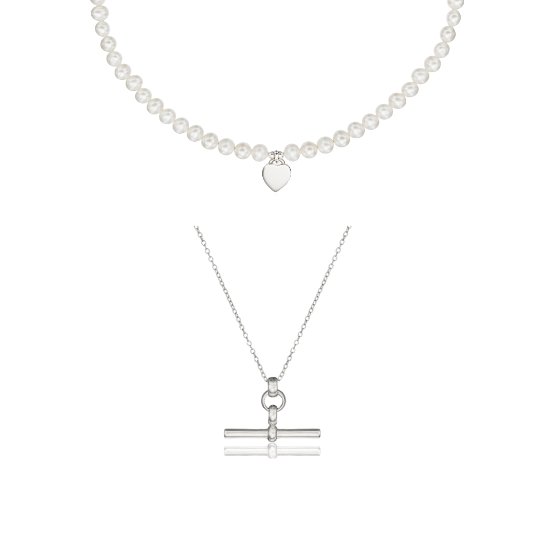 Silver T-Bar and Large Pearl Personalised Heart Necklace Gift Set