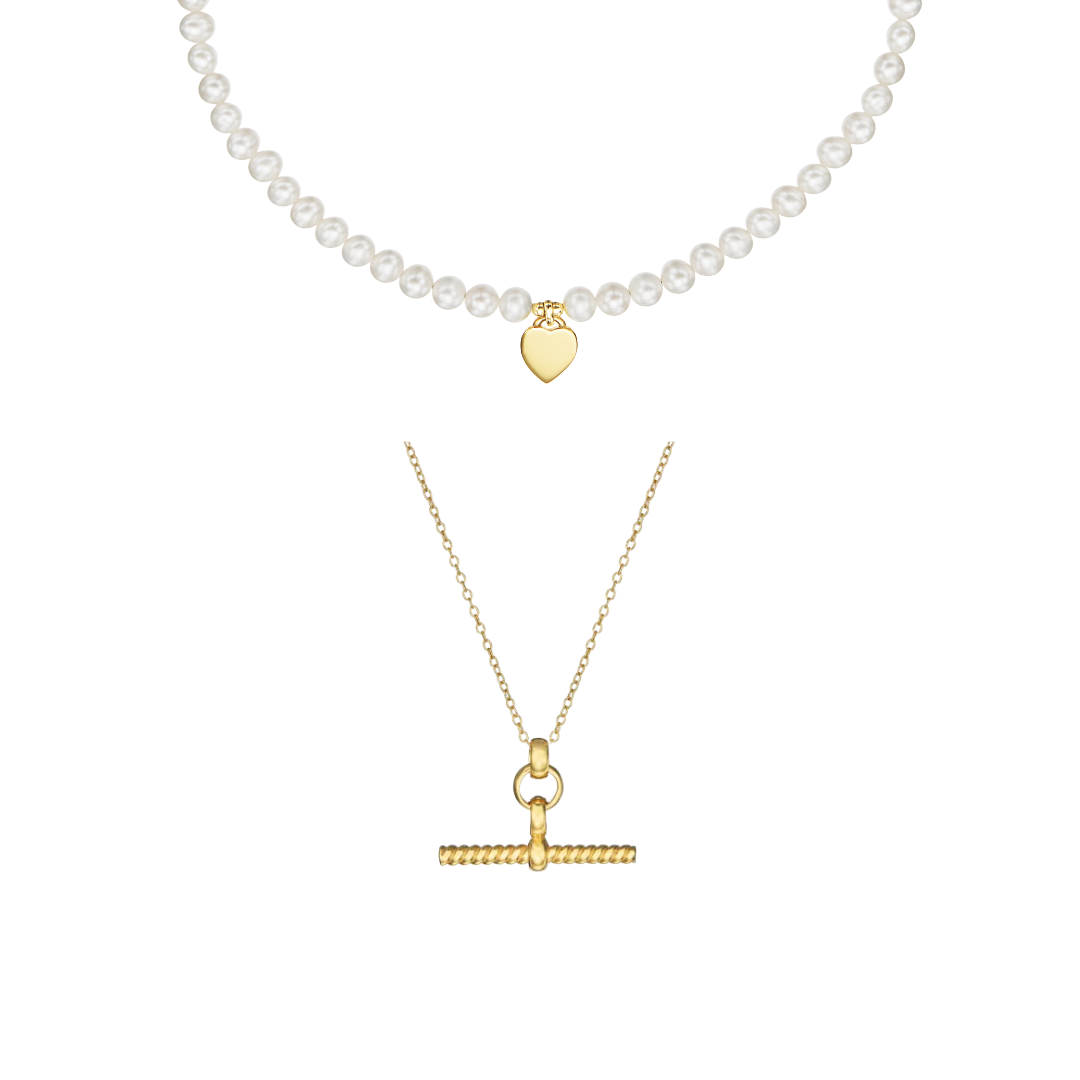 Gold Twisted T-Bar and Large Pearl Personalised Heart Necklace Gift Set
