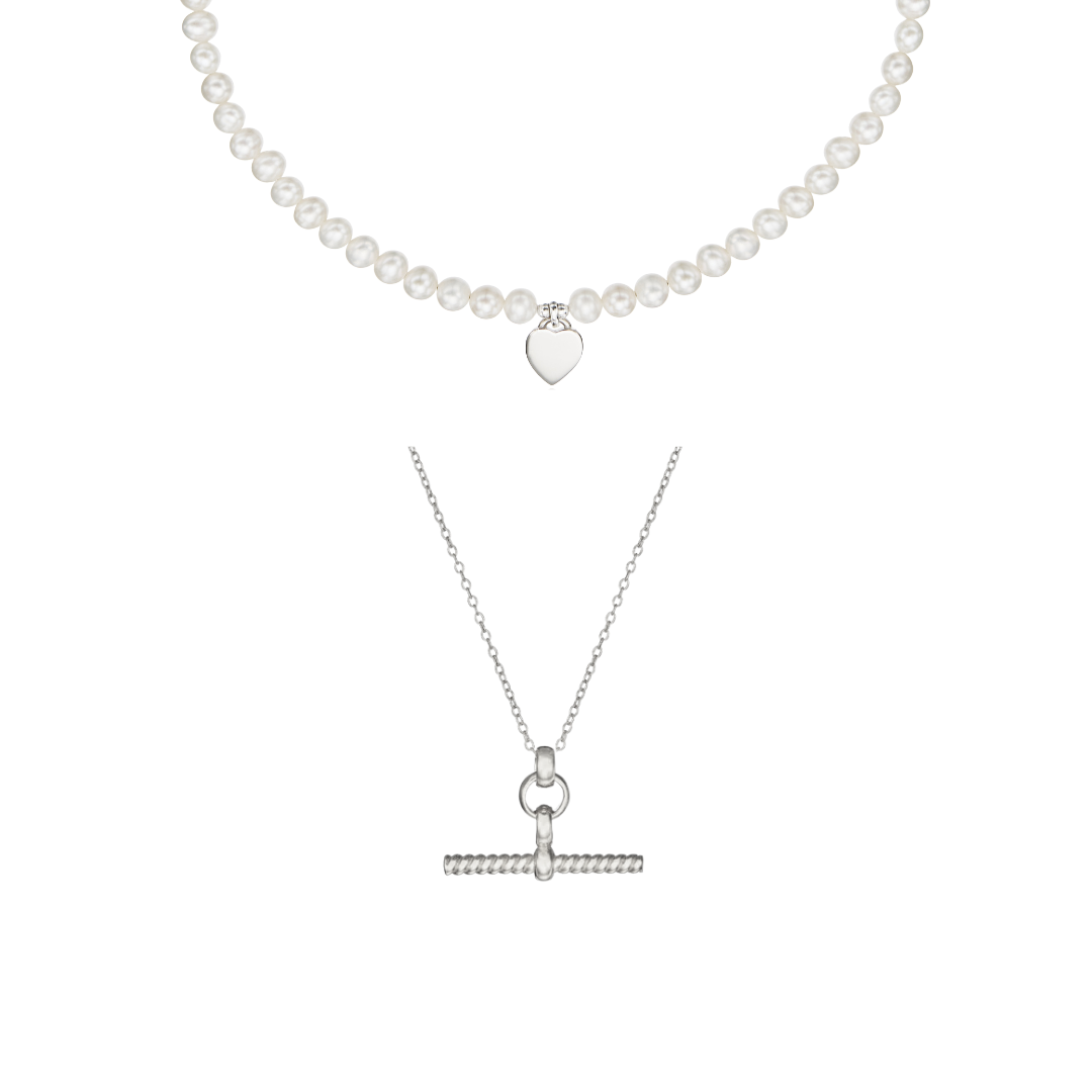Silver Twisted T-Bar and Large Pearl Personalised Heart Necklace Gift Set