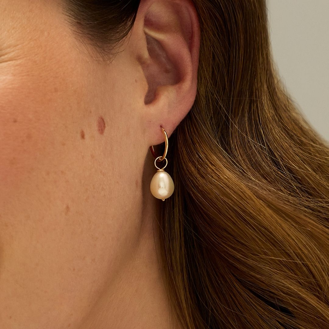 Solid Gold Large Pearl Drop Hoop Earrings