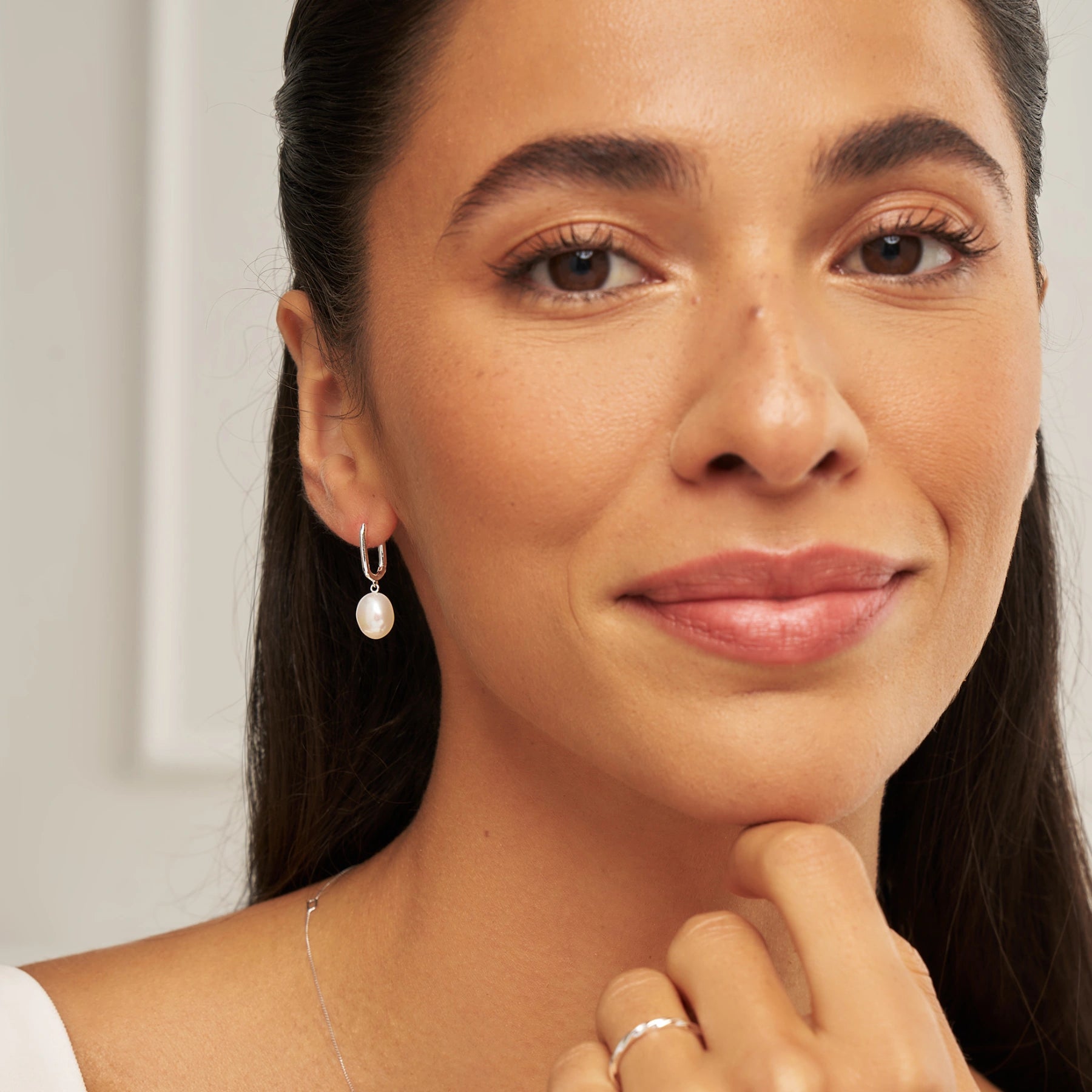 Silver Squared Hoop Baroque Pearl Drop Earrings