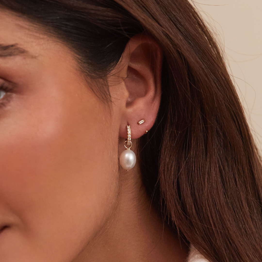 Silver Pearl Drop Huggies and Diamond Style Lobe Earrings Set