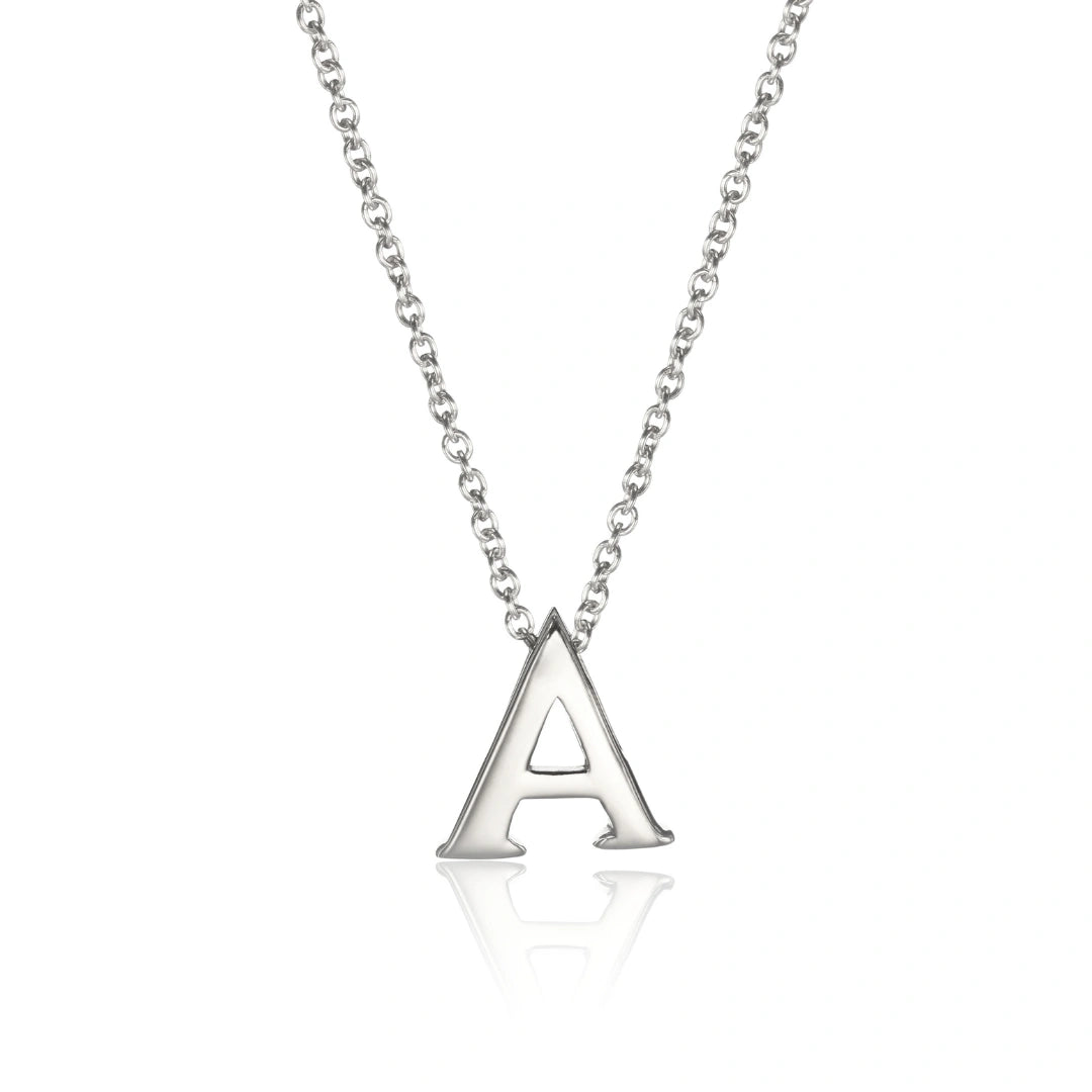 Silver necklace with a letter 'A' pendant on a white background
