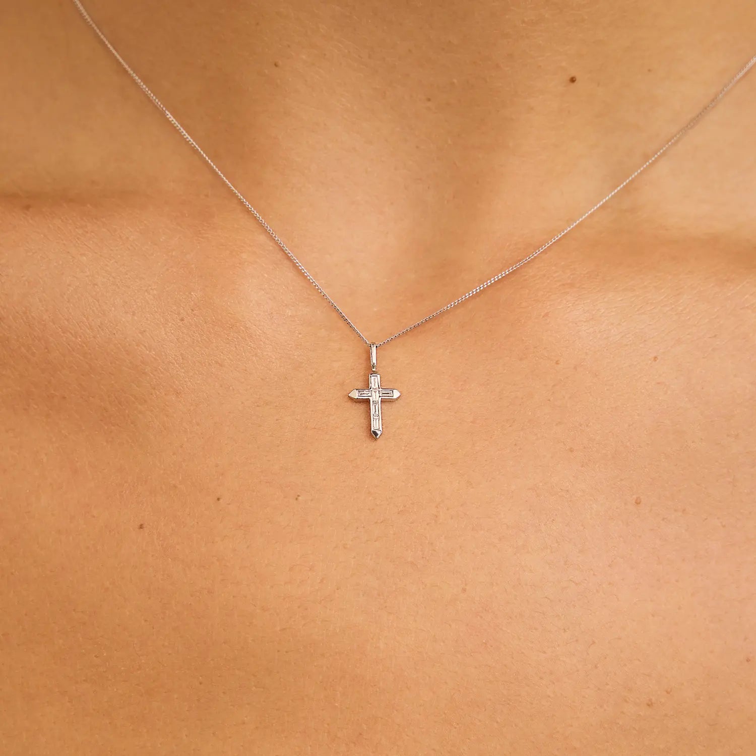 Solid White Gold Baguette Genuine Diamond Tiny Cross Necklace