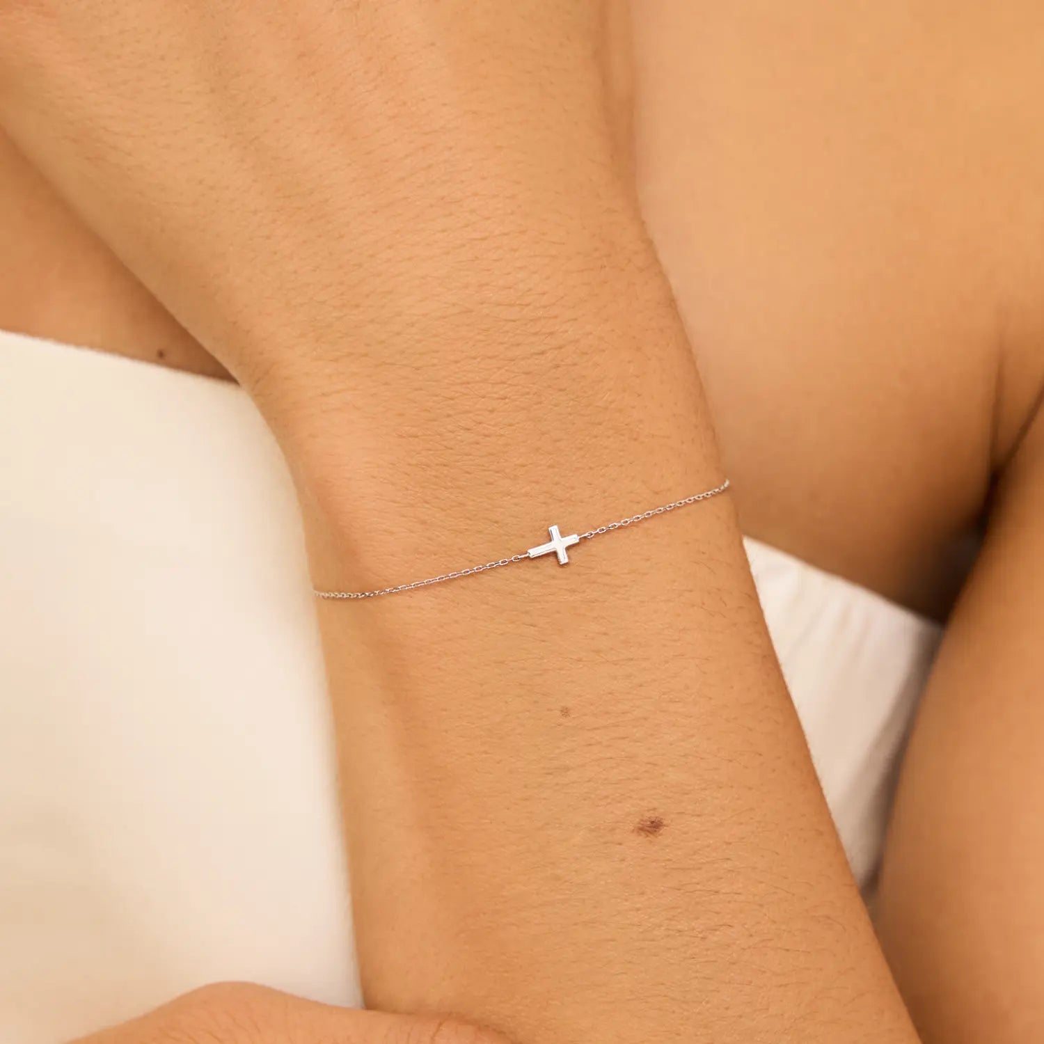 Solid White Gold Tiny Cross Bracelet