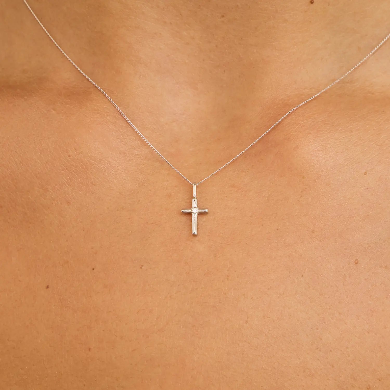 Solid White Gold Single Genuine Diamond Tiny Cross Necklace