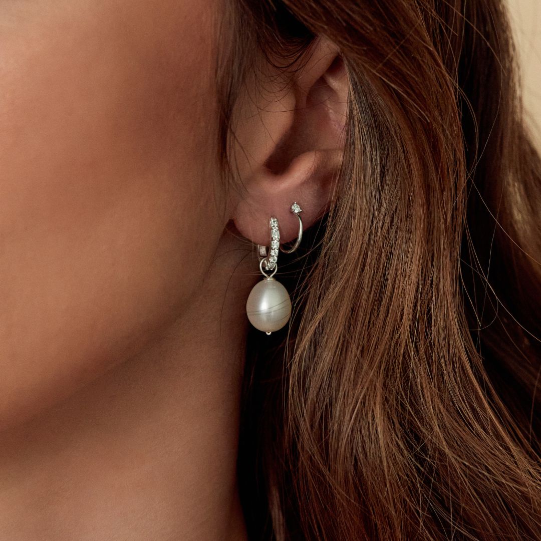 Solid White Gold Genuine Diamond Huggie Pearl Drop Earrings
