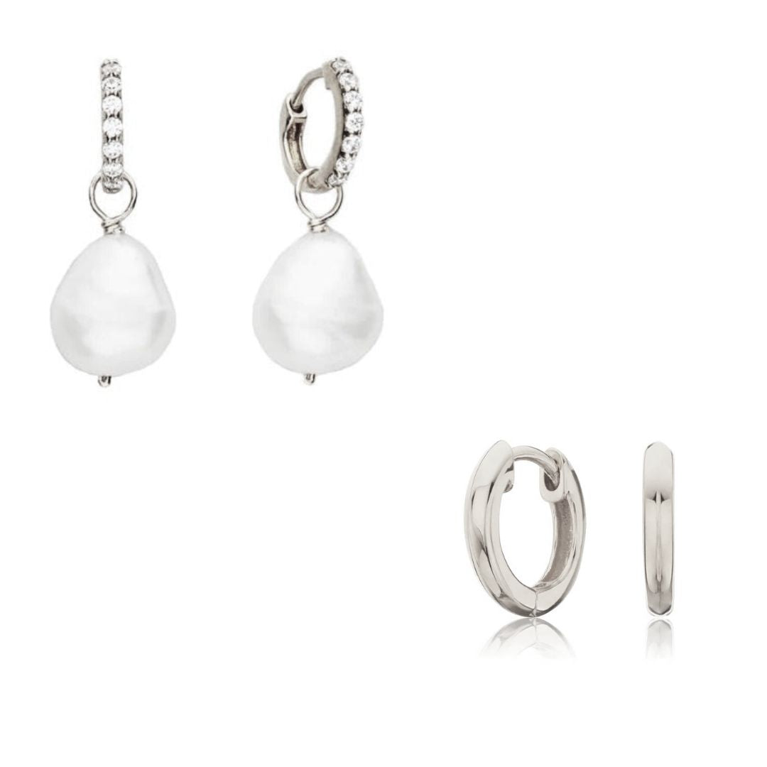 Silver Pearl Drop Huggies and Plain Huggies Earrings Gift Set