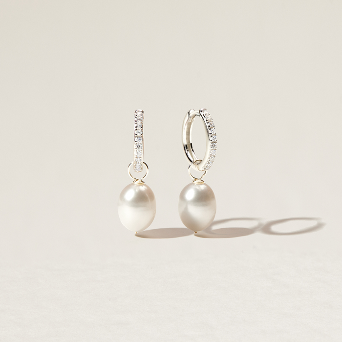 Silver Diamond Style Large Pearl Drop Hoop Earrings – Lily & Roo